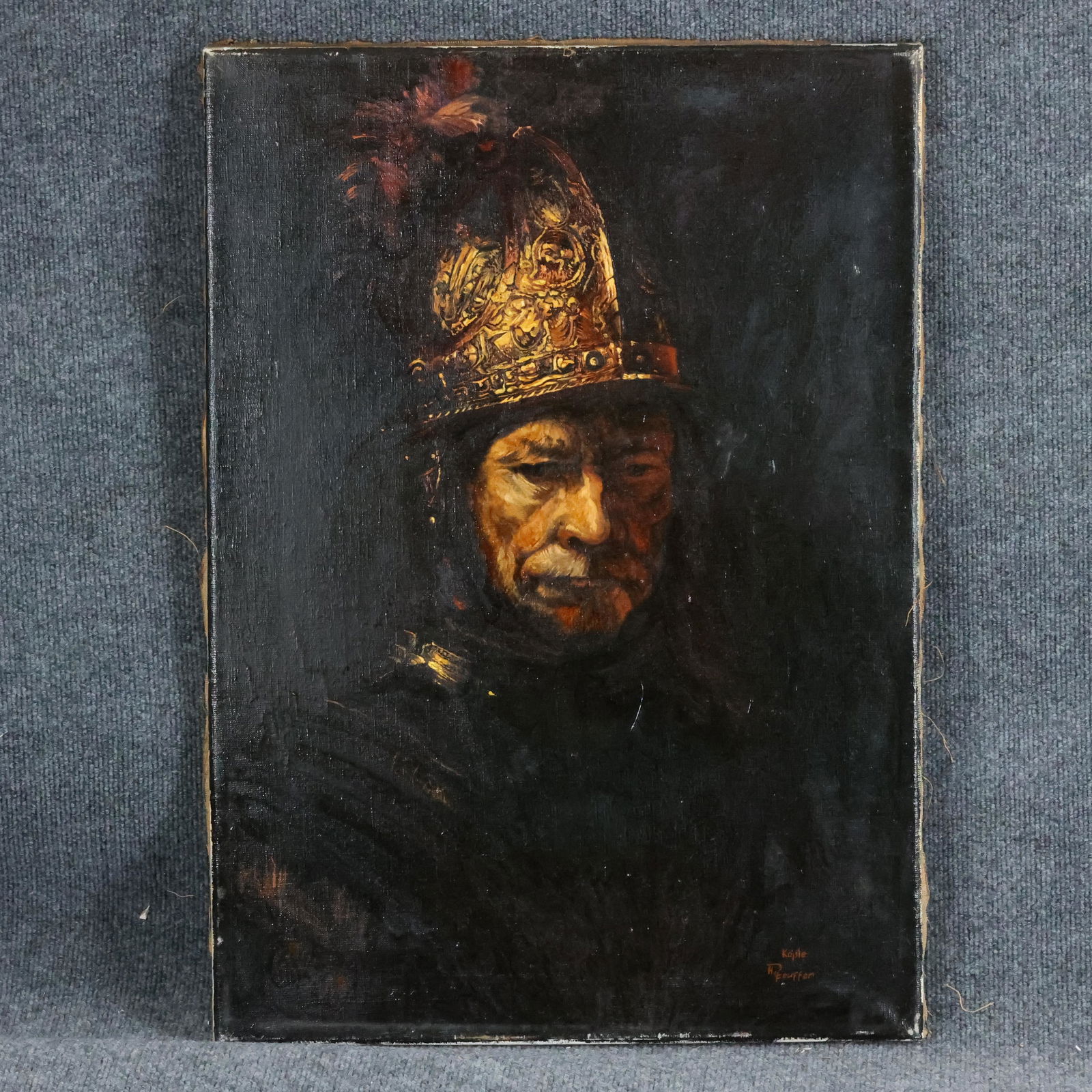 Man With The Golden Helmet Rembrandt Copy by H Pheuffer: Man With The Golden Helmet Rembrandt Copy by H Pheuffer. Oil on canvas painting. Nice quality painting. Signed: Kopie H Pfeuffer; size: 27.5 x 19.5