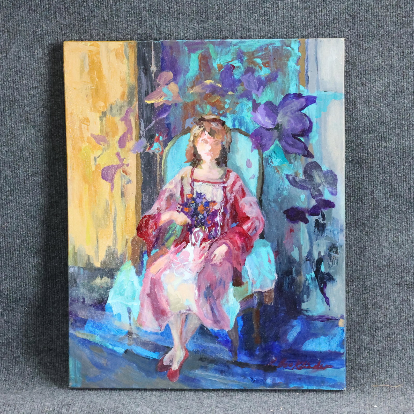 R Bookbinder, O/c, Seated Woman Holding Bouquet Flowers: R Bookbinder, O/c, Seated Woman Holding Bouquet Flowers. Oil on canvas painting. Signed front and back. size: 20 x 16