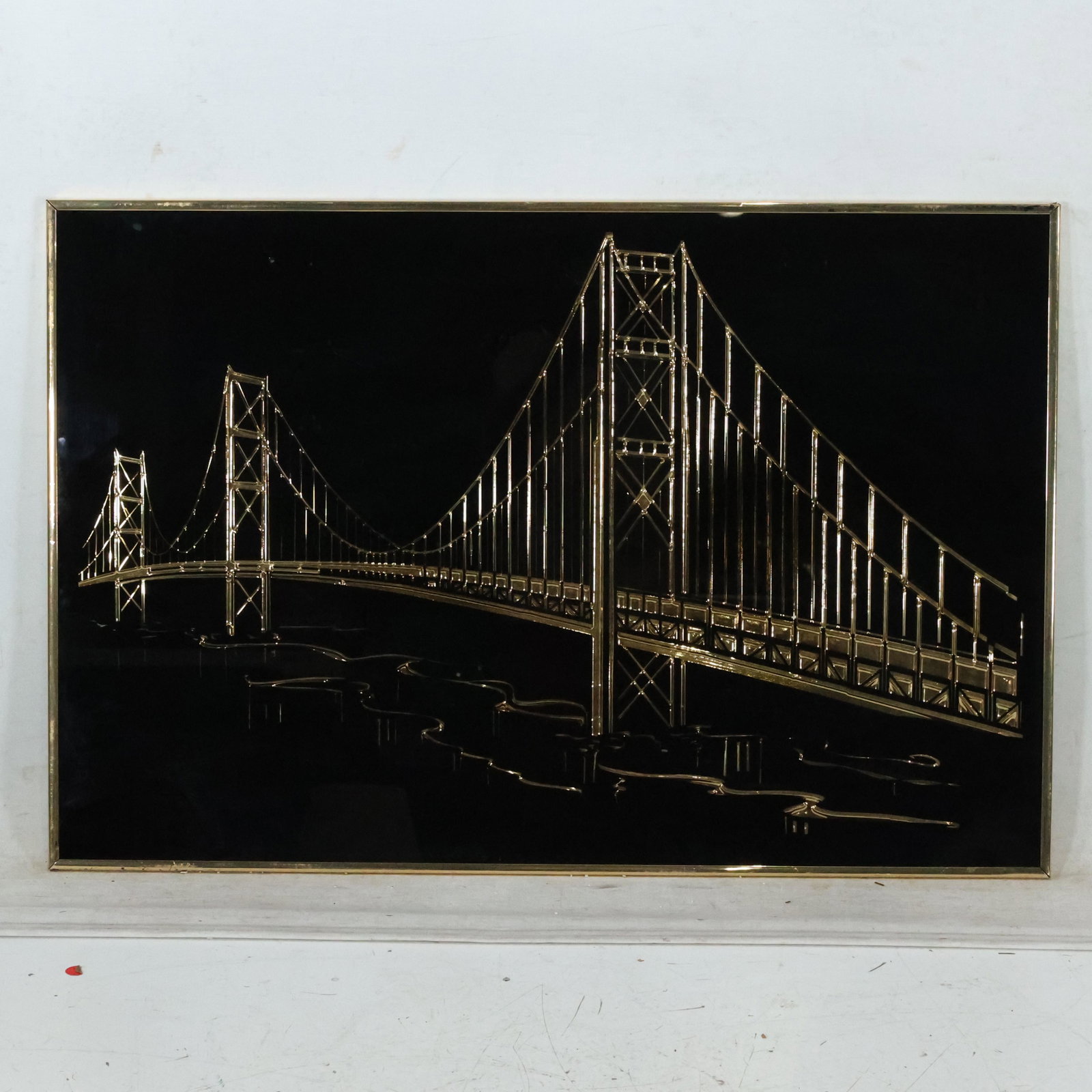 1980s Wall Art Gold on Black Suspension Bridge: 1980s Wall Art Gold on Black Suspension Bridge. size: 24 x 36
