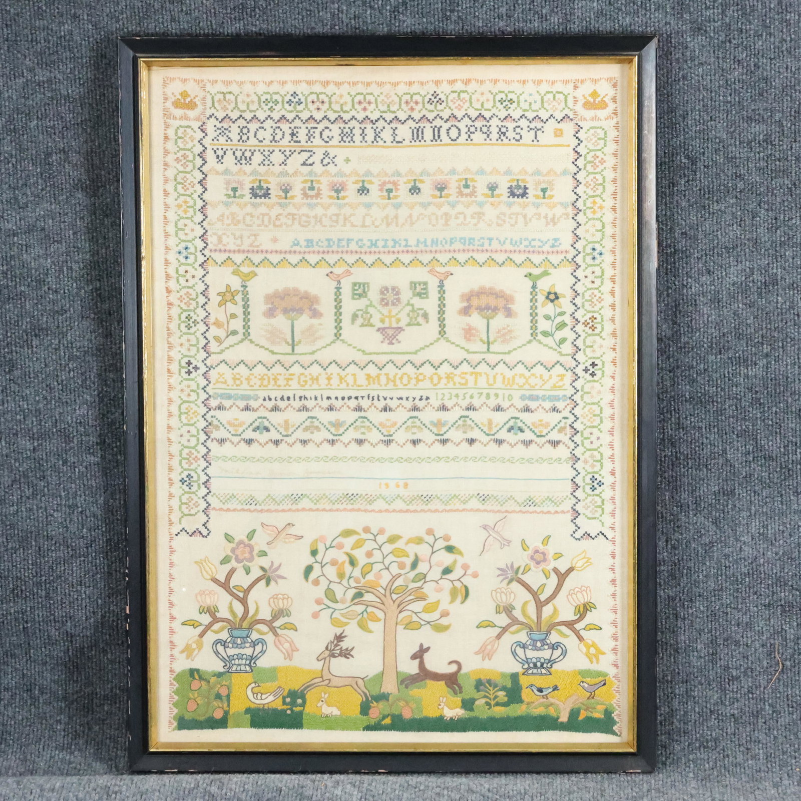 Embroidered Sampler with Alphabet, Deer, Trees, Birds, (1 of 10)