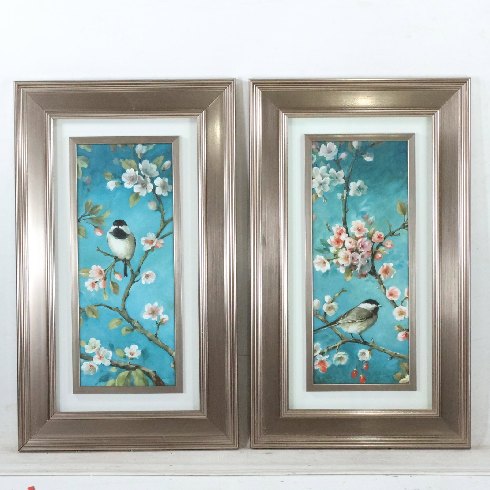 Lisa Audit, Canada, [2] Fine Watercolors Birds Branches: Lisa Audit, Canada, [2] Fine Watercolors Birds on Branches. Both in matching silver tone frames. Artist signed: Lisa Audit. Canadian Artist. size: 19.5 x 7.5 matte, 29.5 x 17.5 outside of frame