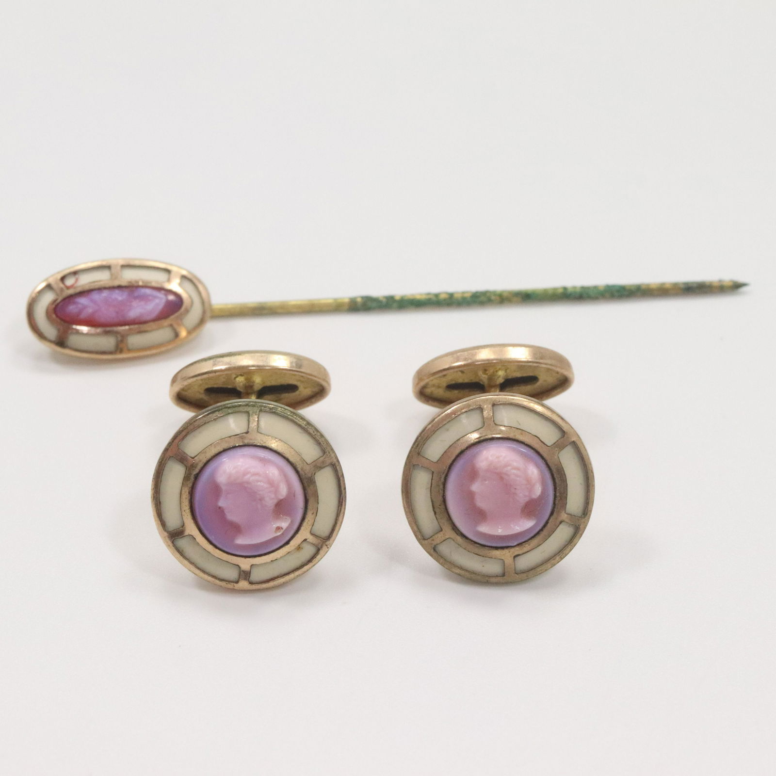 14K Yellow Gold Women's Cuff Links, Cameo Stick Pin Set (1 of 7)