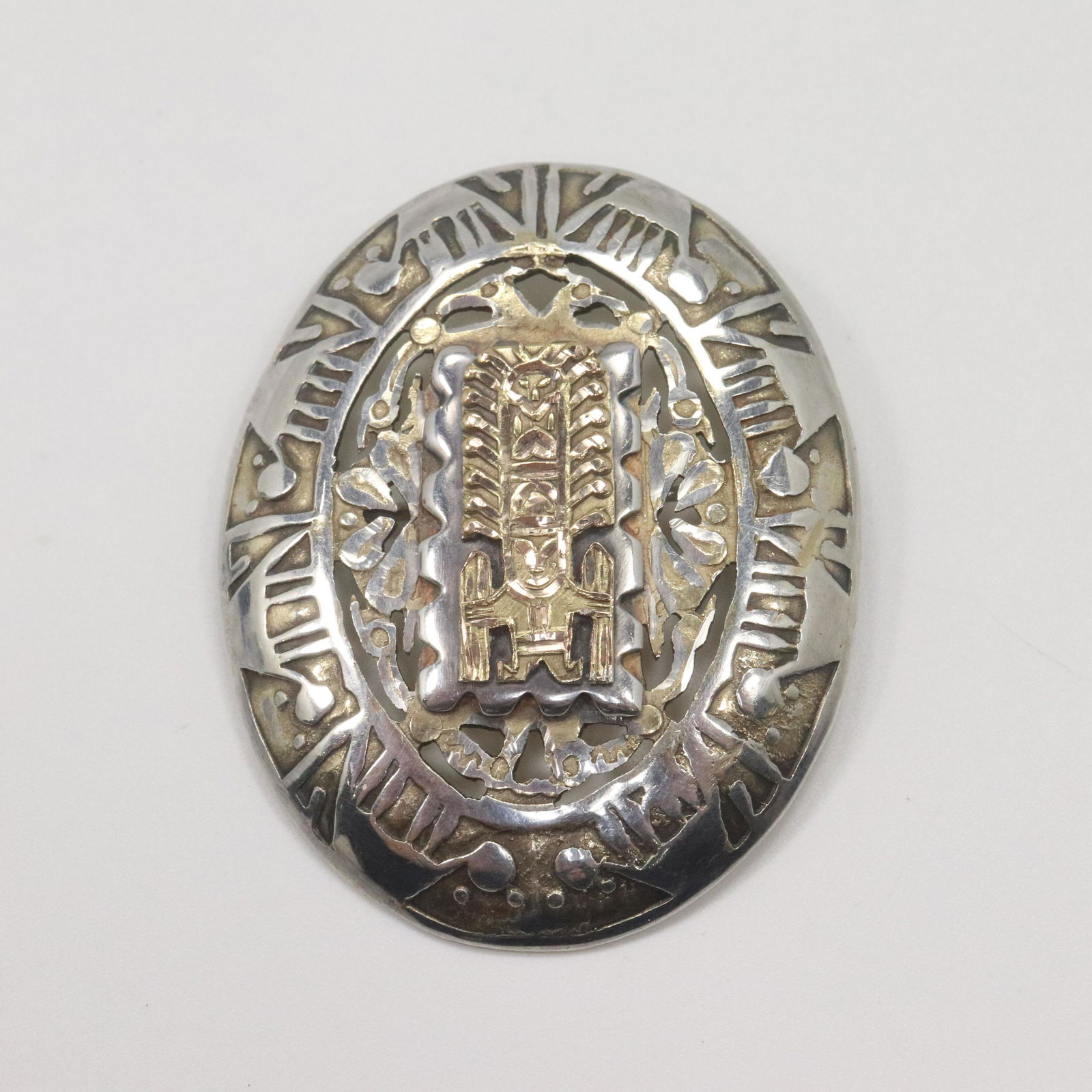 .925 Sterling Silver Oval Mayan Brooch 18K Gold Center (1 of 7)