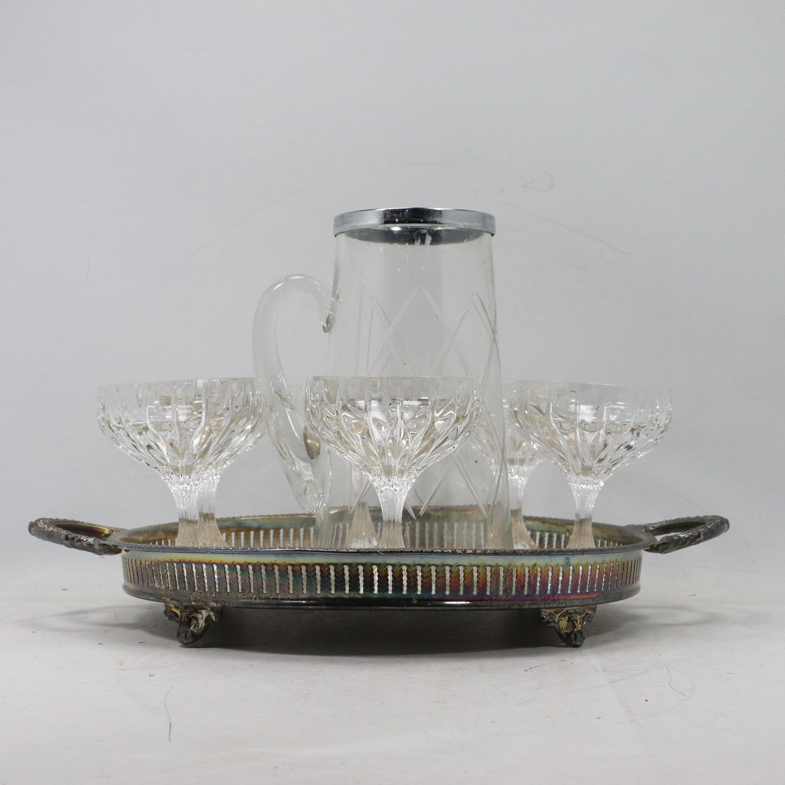 Glass Pitcher; 6 Cocktail Stemware & Silver Plate Tray (1 of 19)
