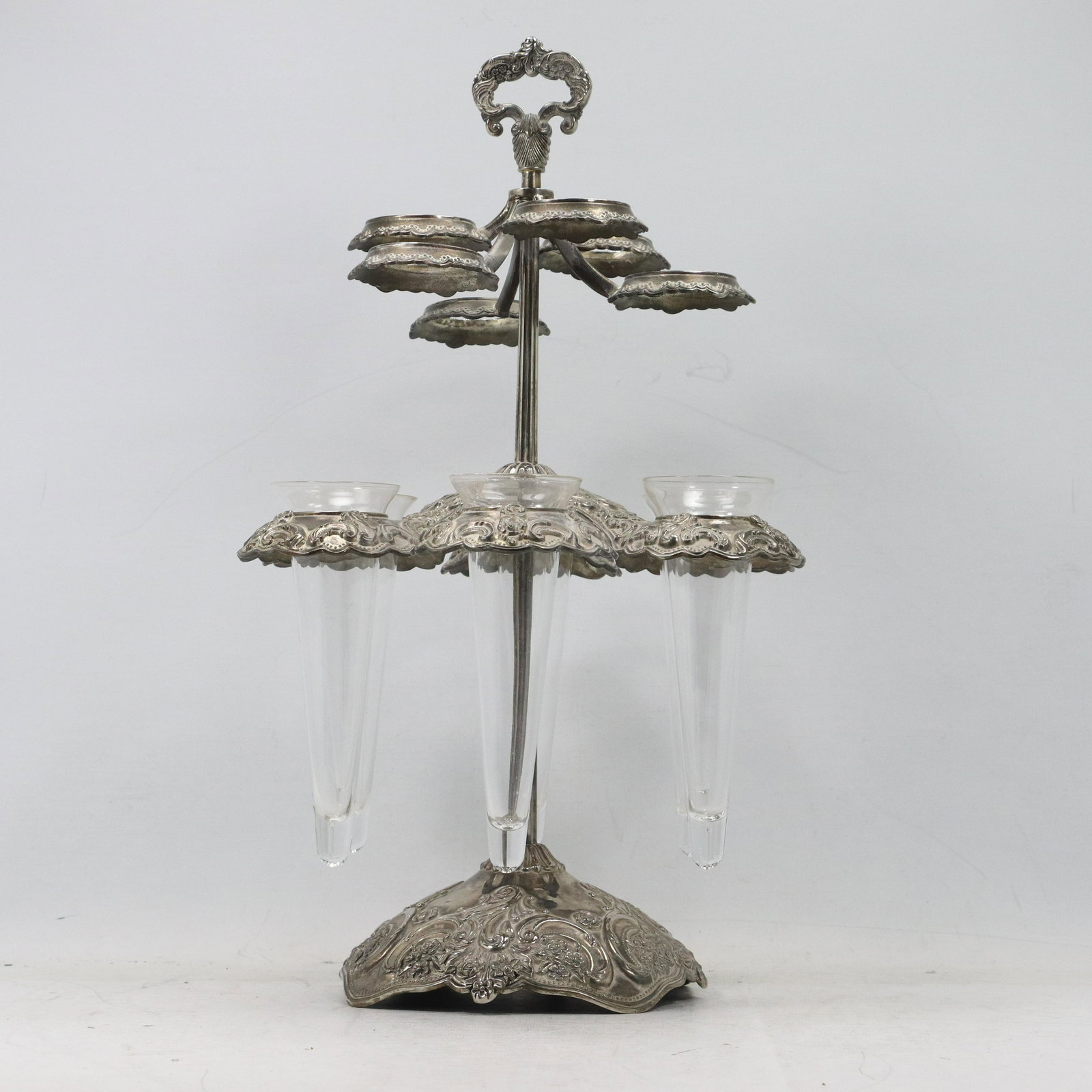 Silver Plate 2-Tier Epergne, Glass Vases on Bottom Tier (1 of 10)