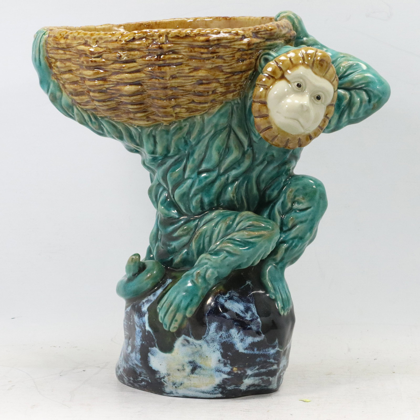 Majolica Monkey Holding Basket Figure Statue (1 of 10)