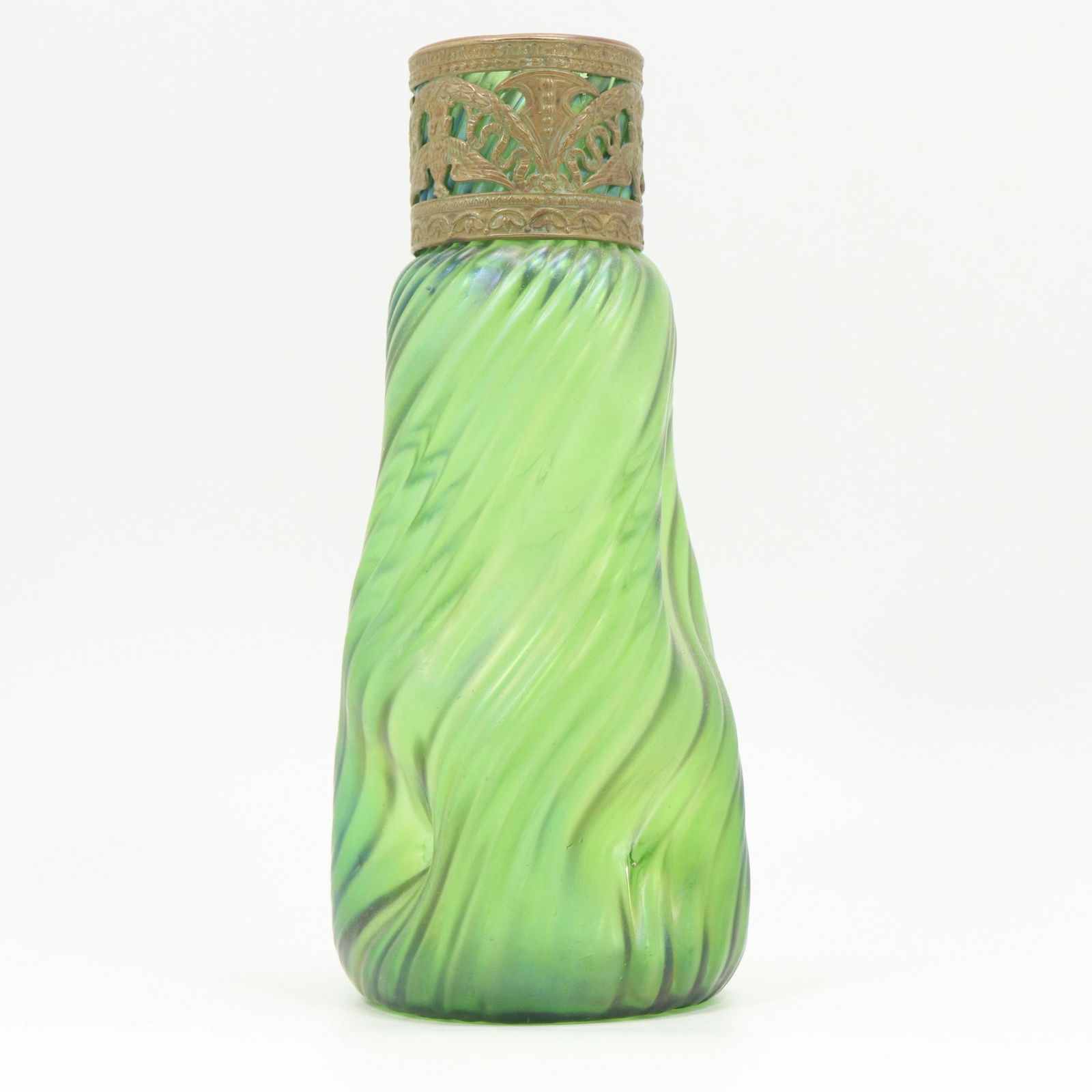 Antique LOETZ Green Glass Vase with Brass Capped Top (1 of 9)