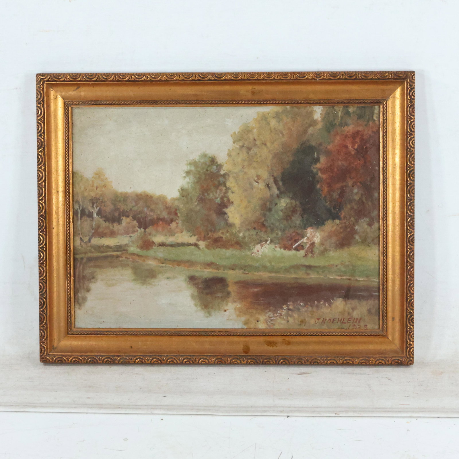 J Hoehlein 1938. Oil Painting Hunter & Dog in Landscape (1 of 9)