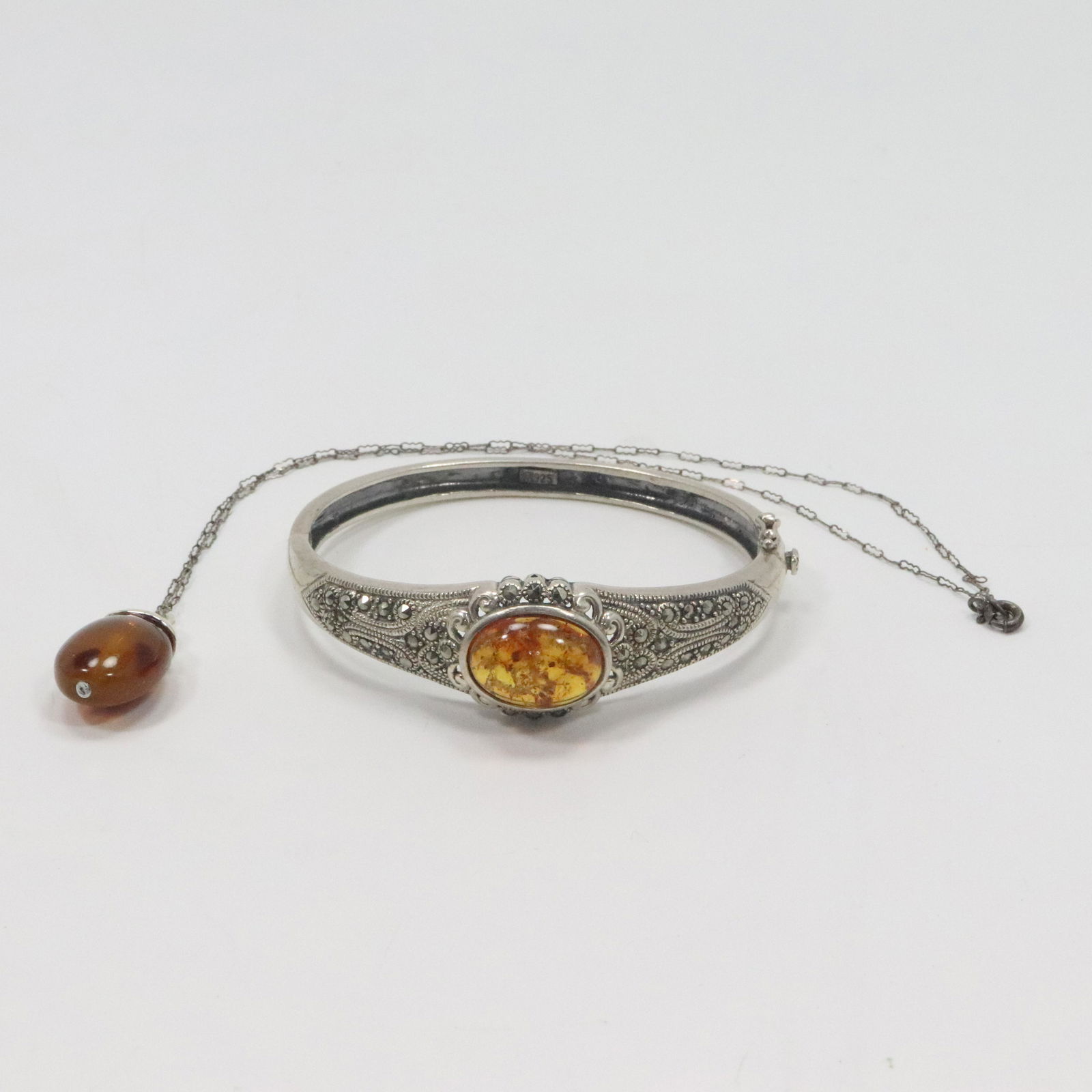 .925 Sterling Silver Amber Marcasites Bangle & Necklace (1 of 10)