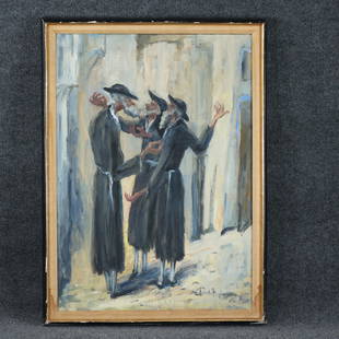 Arnold Hoffmann 1962, O/c Three Jewish Men Conversation: Arnold Hoffmann 1962, O/c Three Jewish Men in Conversation. Oil on canvas painting. Signed and dated 1962. Original frame. Well listed Artist. Size: 31 x 22 , outside of frame: 34 x 25. ASKart: Arnold