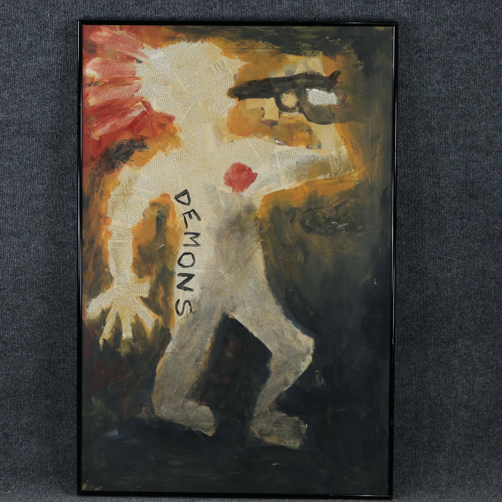 Nitsij, Street Artist "Demons" Painting Collage Suicide: Nitsij, Street Artist "Demons" Painting Collage Suicide, Signed and titled on verso. Original framing. Size: 36 x 24 , outside of frame: 37 x 25