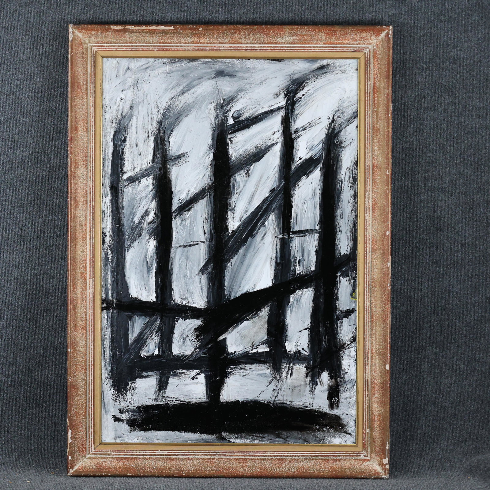 Thomas Pulgini, American, Oil/c Black Lines on White: Thomas Pulgini, American, Oil/c Black Lines on White abstract painting after Franz Kline. Oil on board painting. Signed on verso. Framed. Well listed American Artist. Size: 36 x 24 , outside of frame: