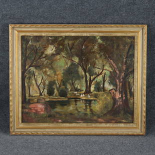 Louis Michel Eilshemius; American Oil Forest Interior: Louis Michel Eilshemius; American Oil Forest Interior Signed. Oil on canvas. A Forest Interior with Figures. Signed lower right; 22in. X 28in.(image), 28in. X 32in.(framed)