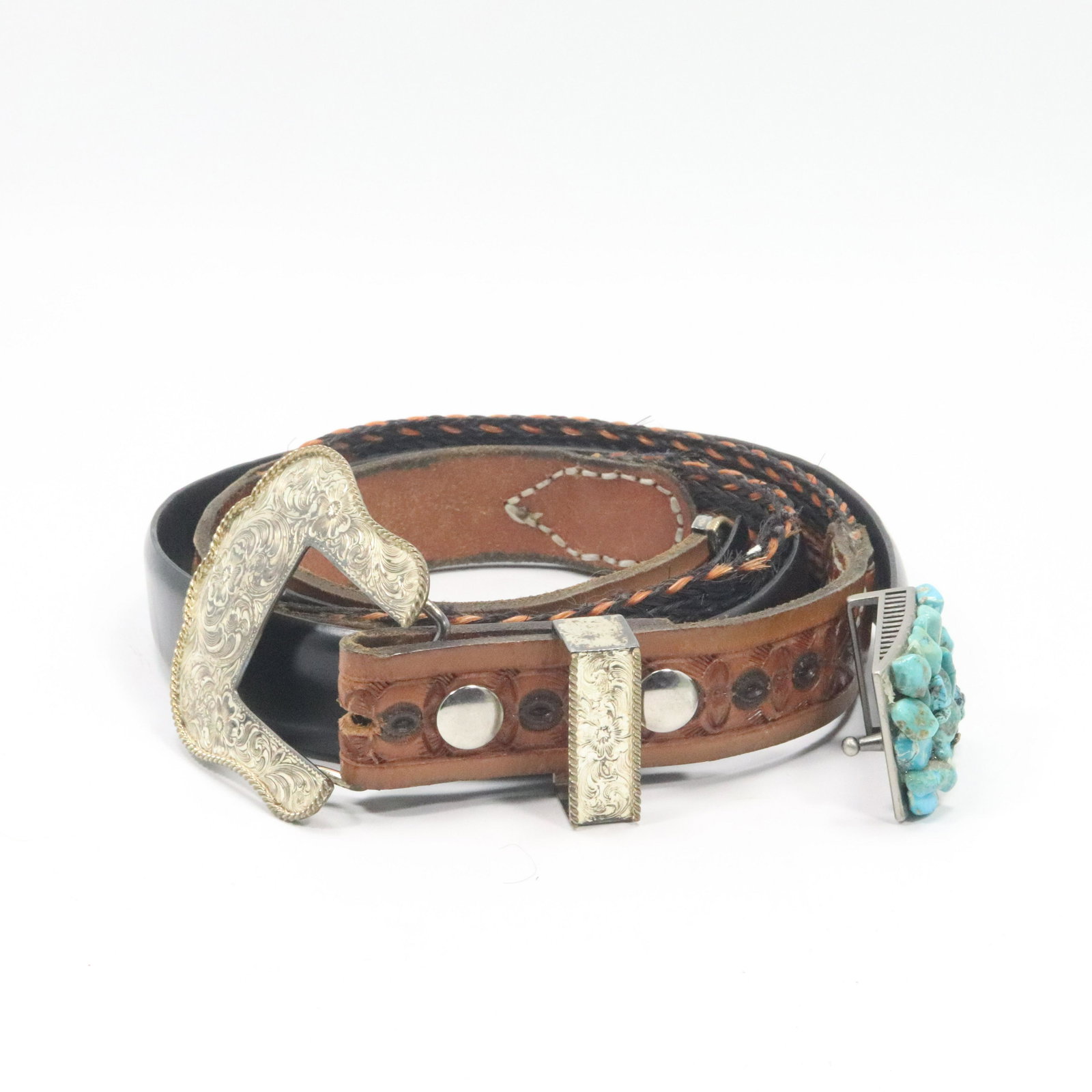 2 Vintage Western Leather Belts, One Turquoise Nuggets (1 of 7)