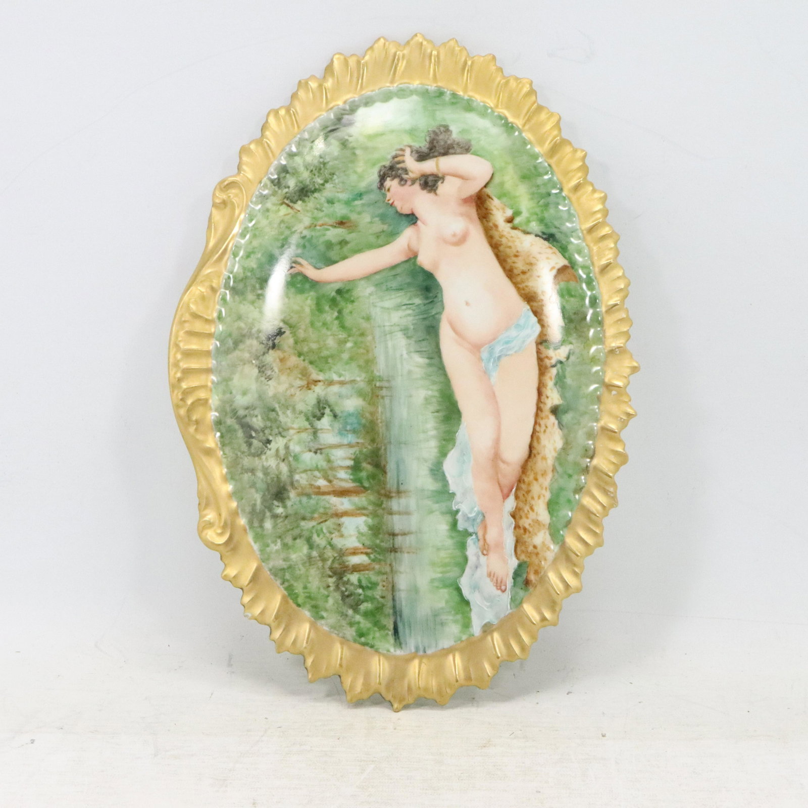 Fine Hand Paint Porcelain Plaque Reclining Nude, Signed: Fine Hand Paint Porcelain Plaque Reclining Nude, Signed: A Judkins Weaver. Size: 9.5h 13.75