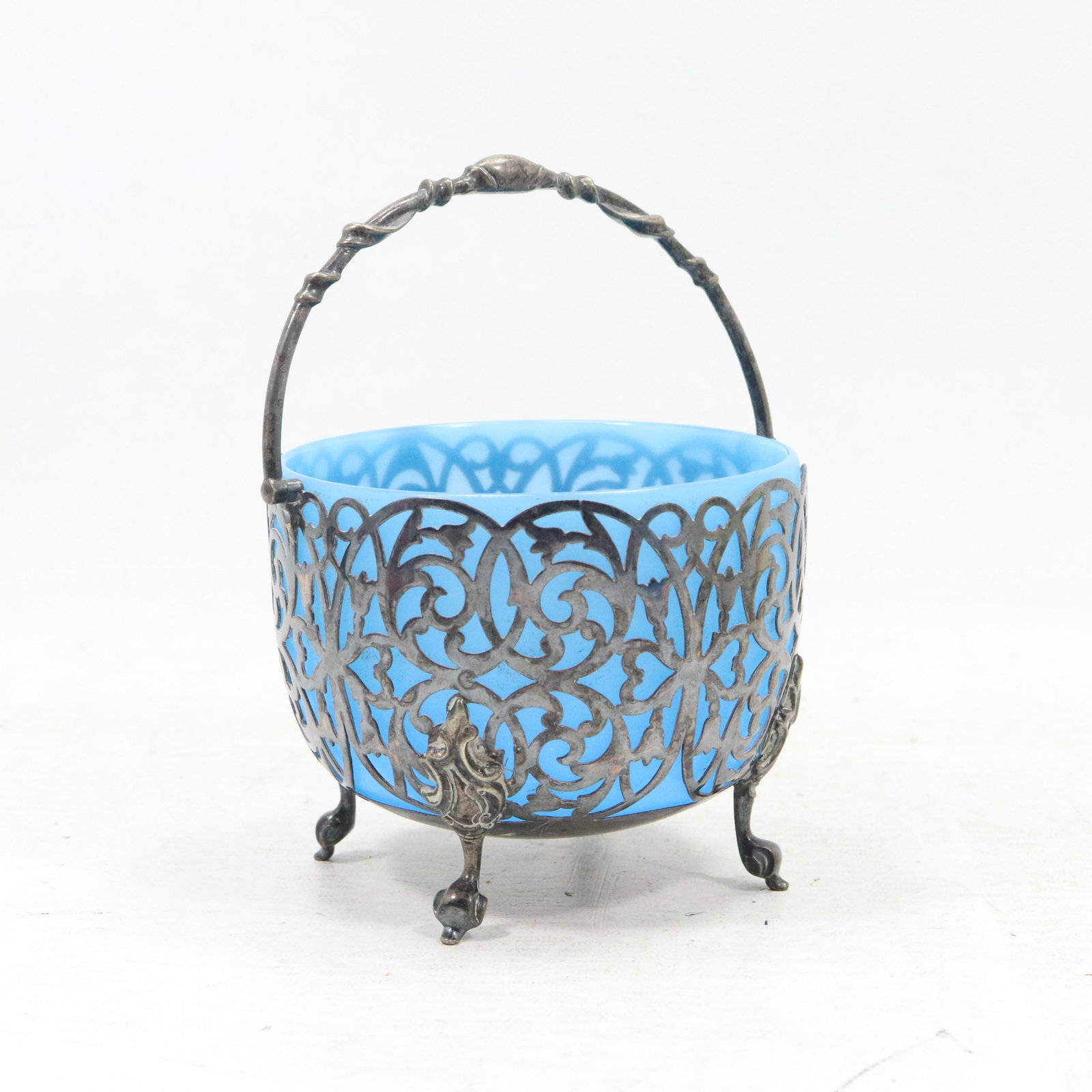 Blue Opaline Glass Bowl in Silver Plate Holder Caddy: Blue Opaline Glass Bowl in Silver Plate Holder Caddy. Size: 4h 4.75w