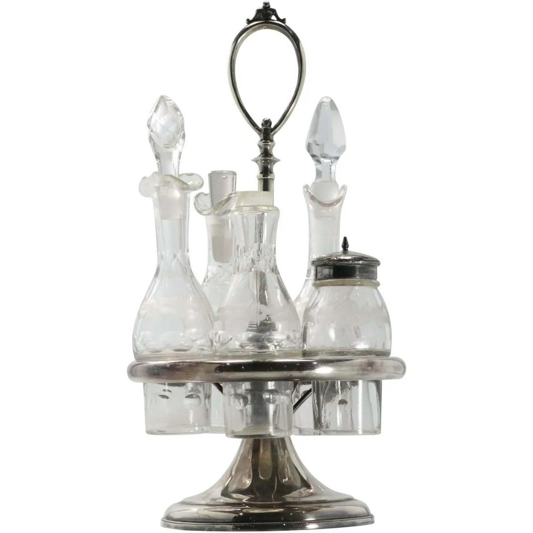 19th C. Meriden Silver Plate 5 Glass Bottle Castor Set (1 of 17)
