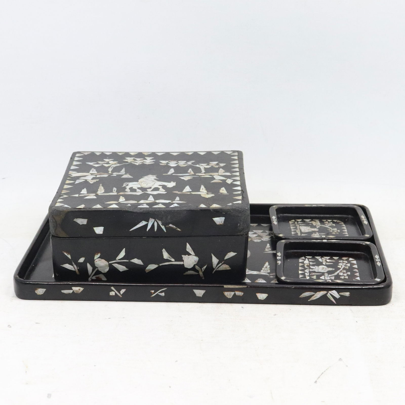 Chinese Black Lacquer & MOP Tray, Box, 2 Small Trays (1 of 12)