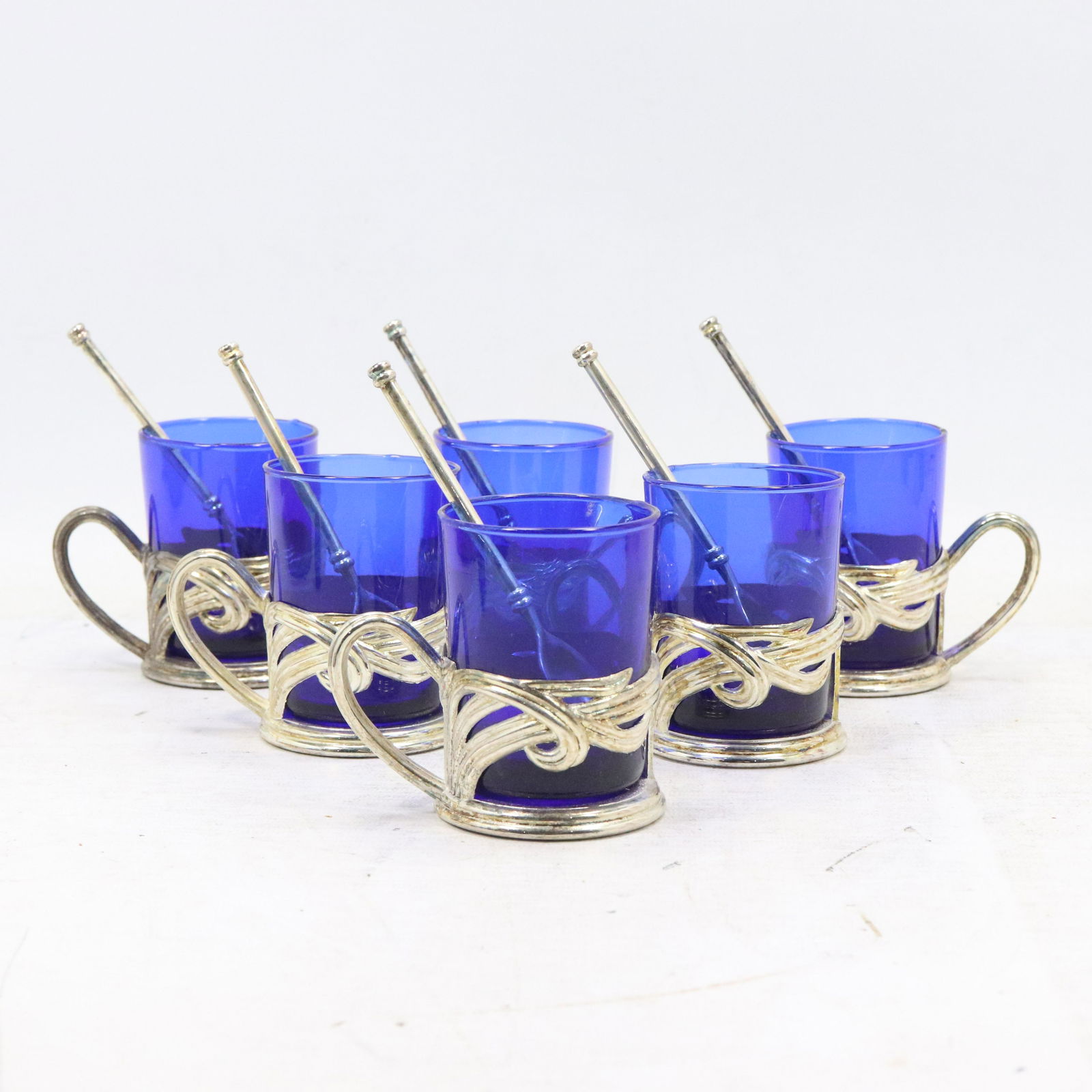[6] Cobalt Blue Glass Mugs in Silver Plated Holders (1 of 8)