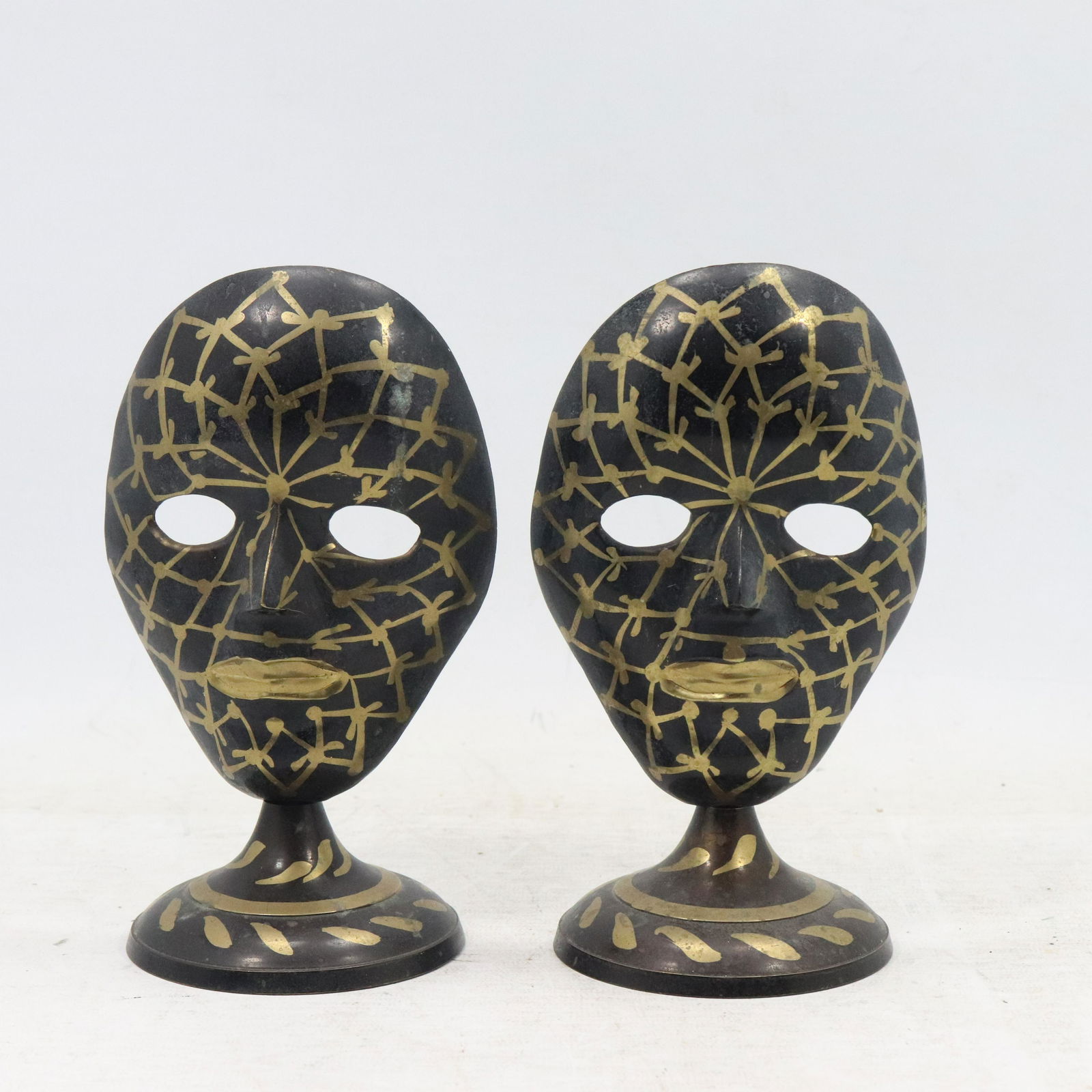 2 Bronze with Brass Inlay African Face Mask Sculptures (1 of 7)