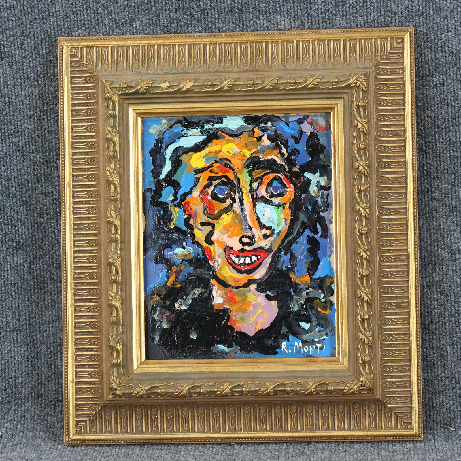 Rocco Monticolo, R Monti, Oil/c Abstract Face Portrait: Rocco Monticolo, R Monti, Oil/c Abstract Face Portrait. Oil on canvas painting, Signed, Framed. Well listed American Artist. size: 10 x 8, 16 x 14 outside of frame. ASKart: Rocco Monticolo is a popula