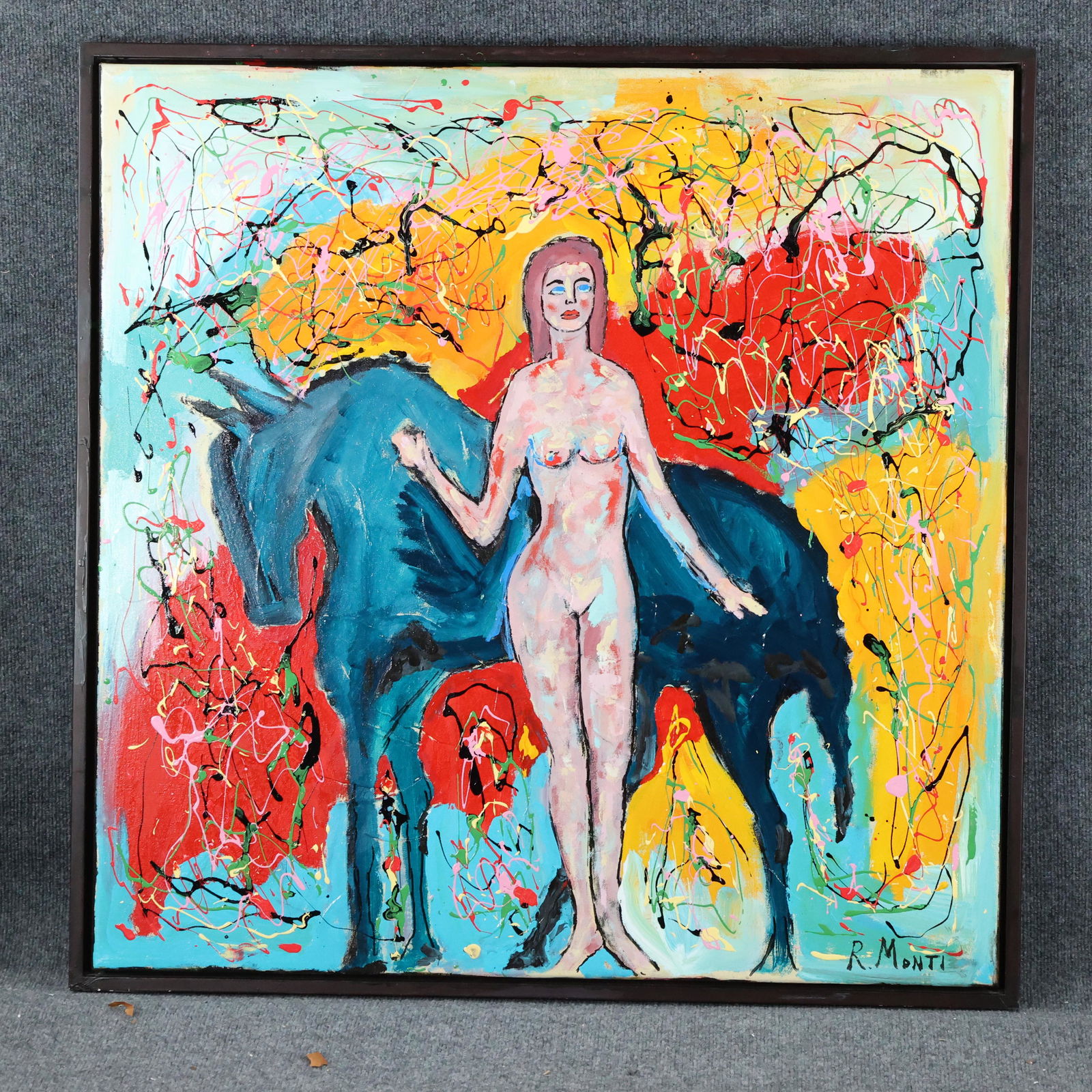 Rocco Monticolo, R Monti, Oil/c Nude Woman with Horse: Rocco Monticolo, R Monti, Oil/c Nude Woman with Horse. Oil on canvas painting, Signed, Framed. Well listed American Artist. size: 33 x 33, 36 x 36 outside of frame. ASKart: Rocco Monticolo is a popula