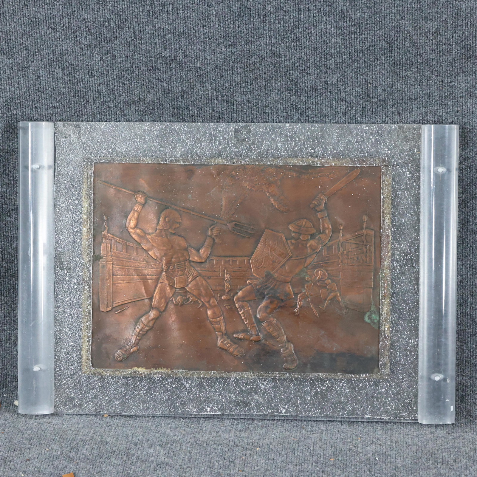 Copper Relief Roman Gladiators in Lucite Tray Frame: Copper Relief Roman Gladiators in Lucite Tray Frame. size: 12 x 17, 16 x 24 outside of frame