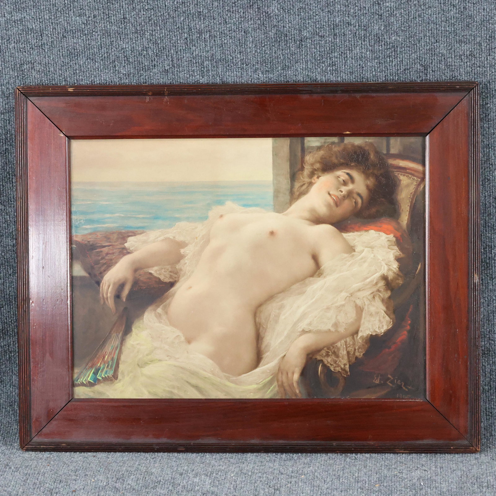 Edouard Zier 1905; Fine Oil Painting Reclining Nude: Edouard Zier 1905; Fine Oil Painting Reclining Nude. oil on paper painting. Signed and dated 1905. Very fine painting with detail. Original frame Well listed French artist. size: 14.75 x 19.75, 20 x 2