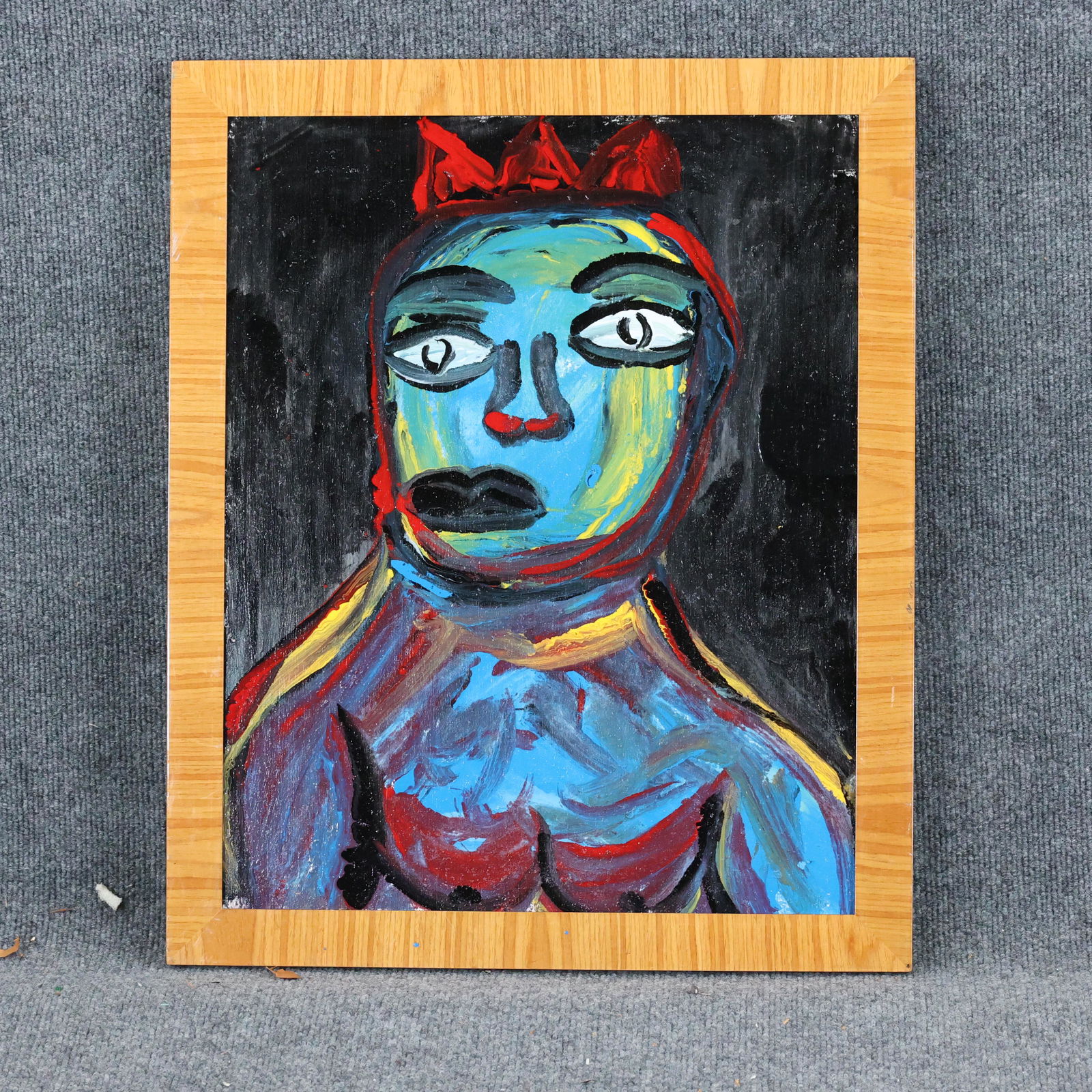 Thomas Pulgini, American, Oil/c, Blue Man Wearing Crown: Thomas Pulgini, American, Oil/c, Blue Man Wearing Crown. Oil on board painting, Signed on verso, Framed. Well listed American artist. size: 20 x 16, 22.5 x 18.5 outside of frame. ASKart: Thomas Pulgin