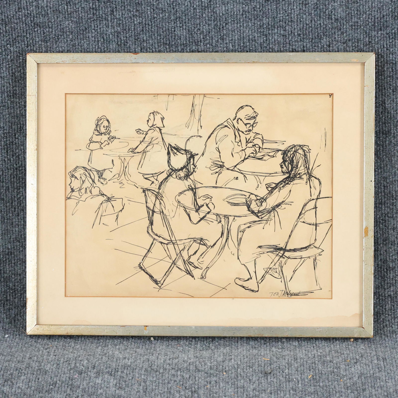 Ted Jaslow, American, Ink Drawing Figures Outdoor Cafe (1 of 9)