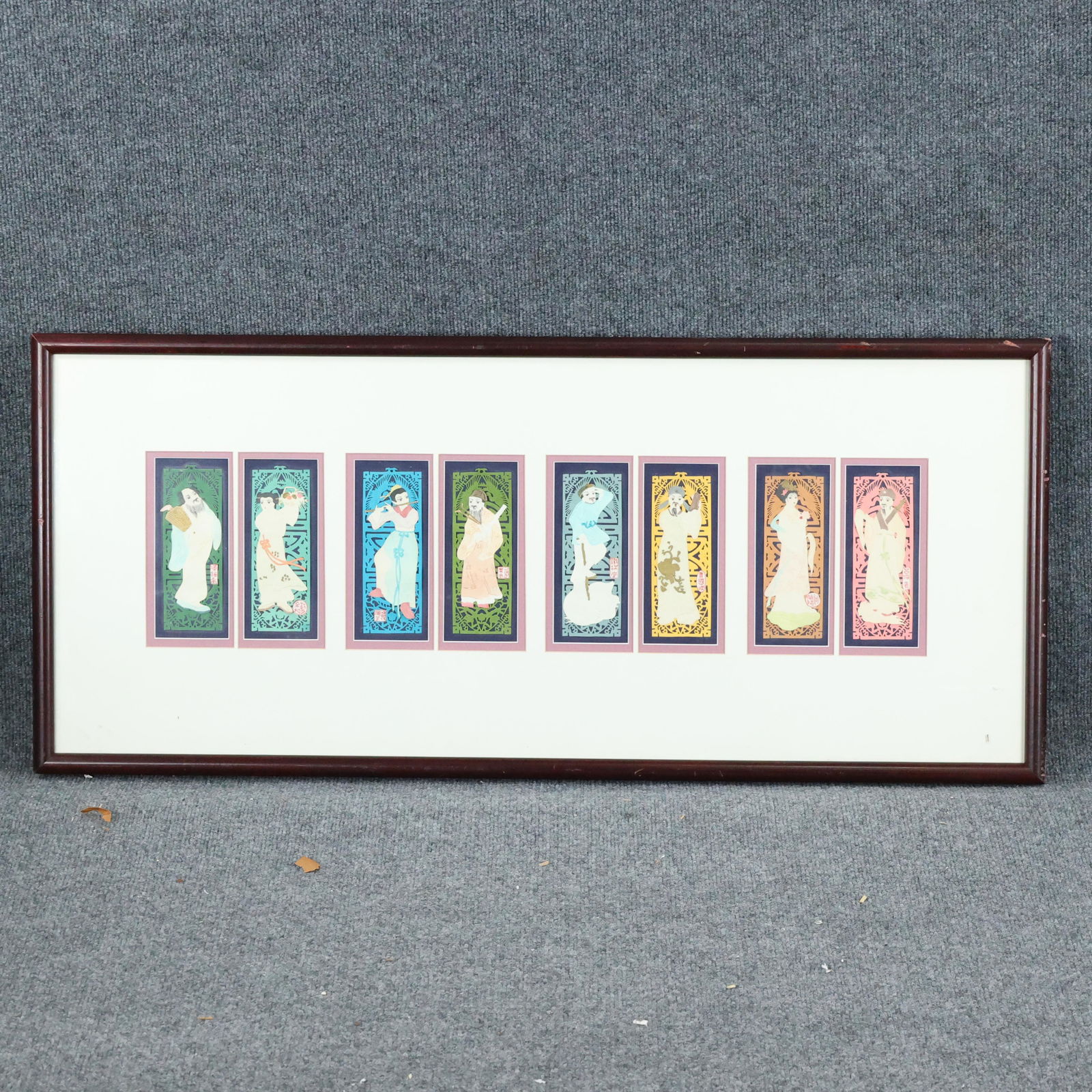 8 Japanese Lino-Cut Art Figures matted and framed (1 of 14)