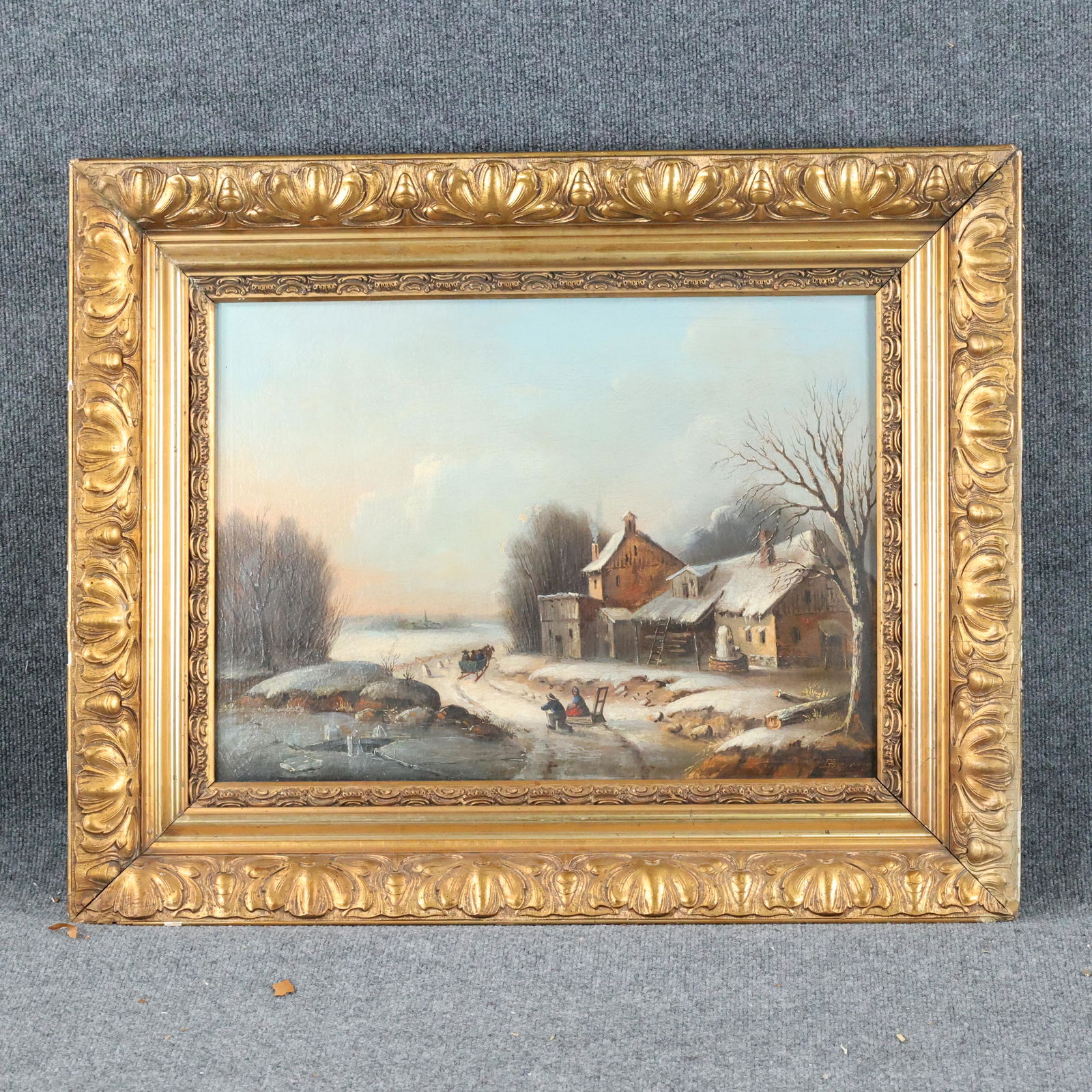 19th C. Sledding European Winter Landscape Signed (1 of 11)