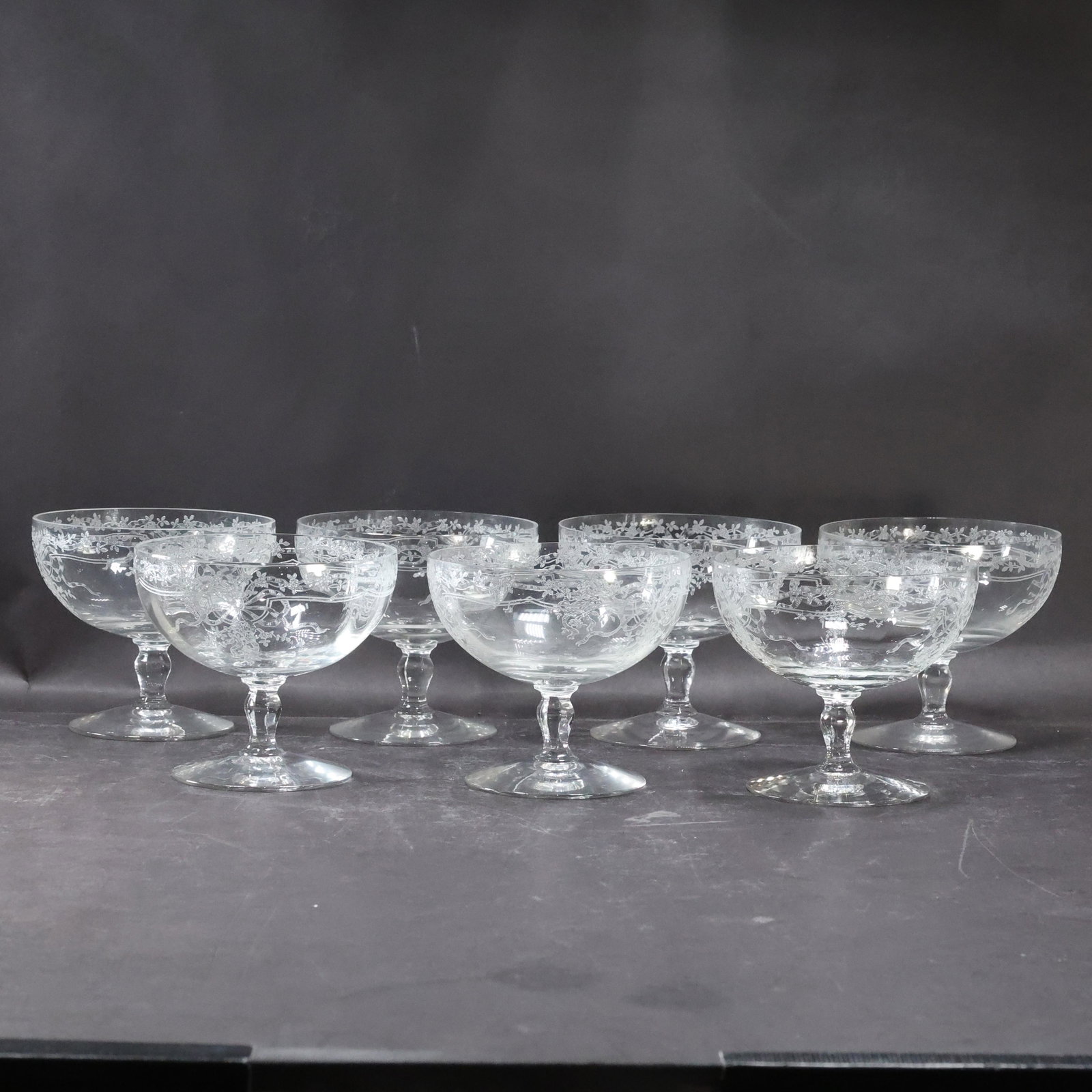 [7] Intricate Etched Large Cocktail Stem Glasses 19th C (1 of 5)