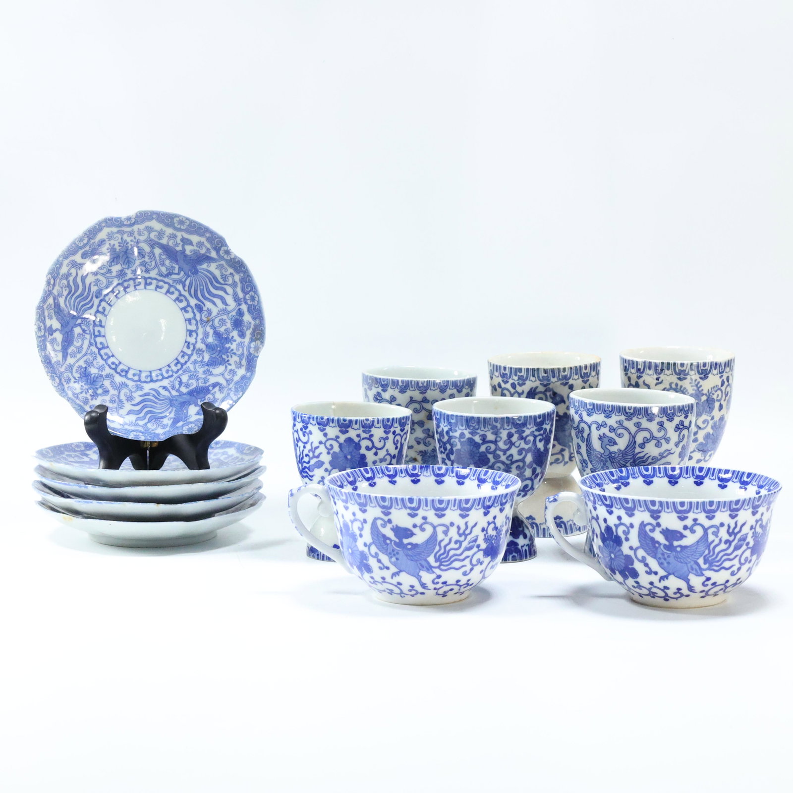 13 Pcs Phoenix Bird Blue & White Porcelain Cups Saucers (1 of 13)