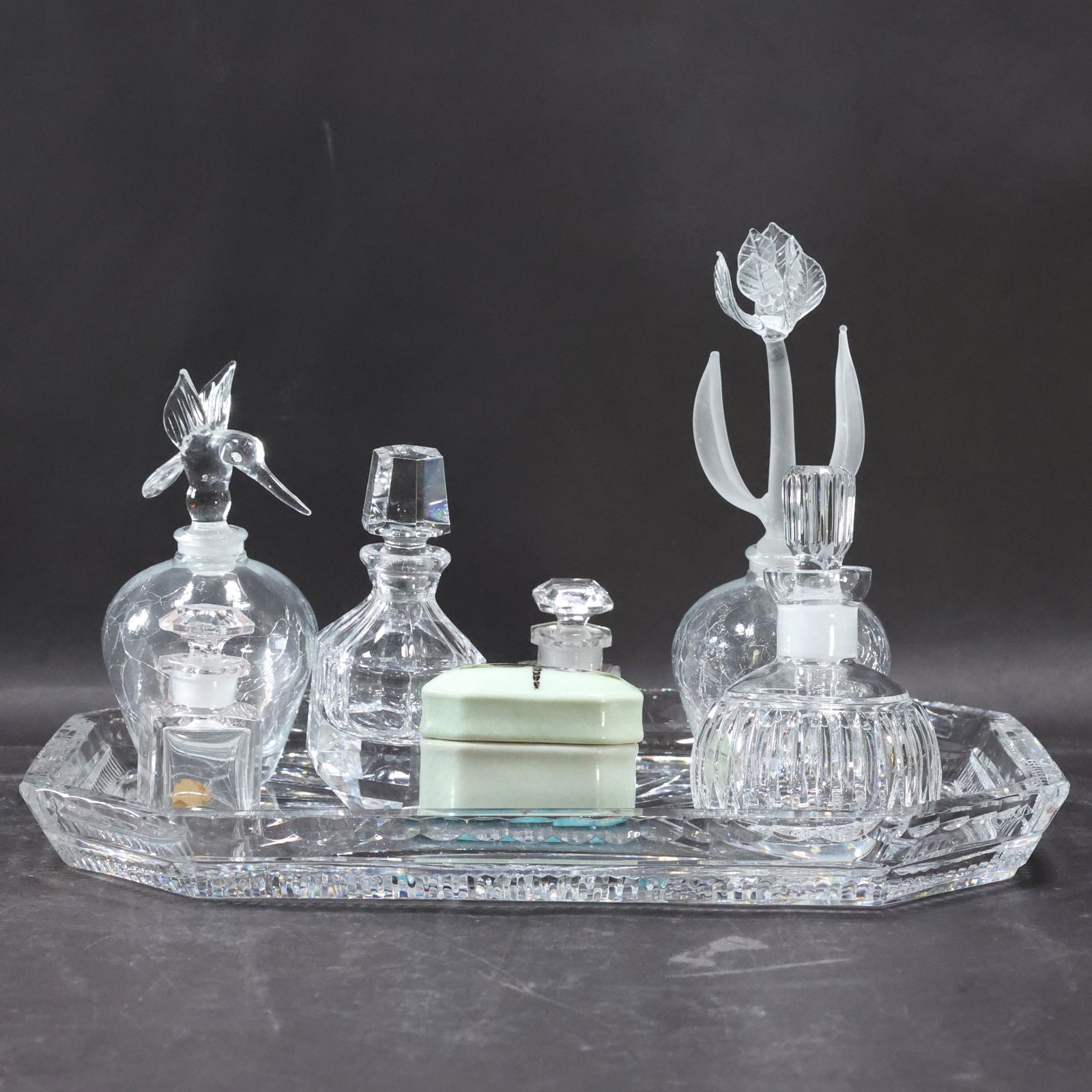 6 Vintage Glass Perfumes, Box, Glass Dresser Tray (1 of 14)