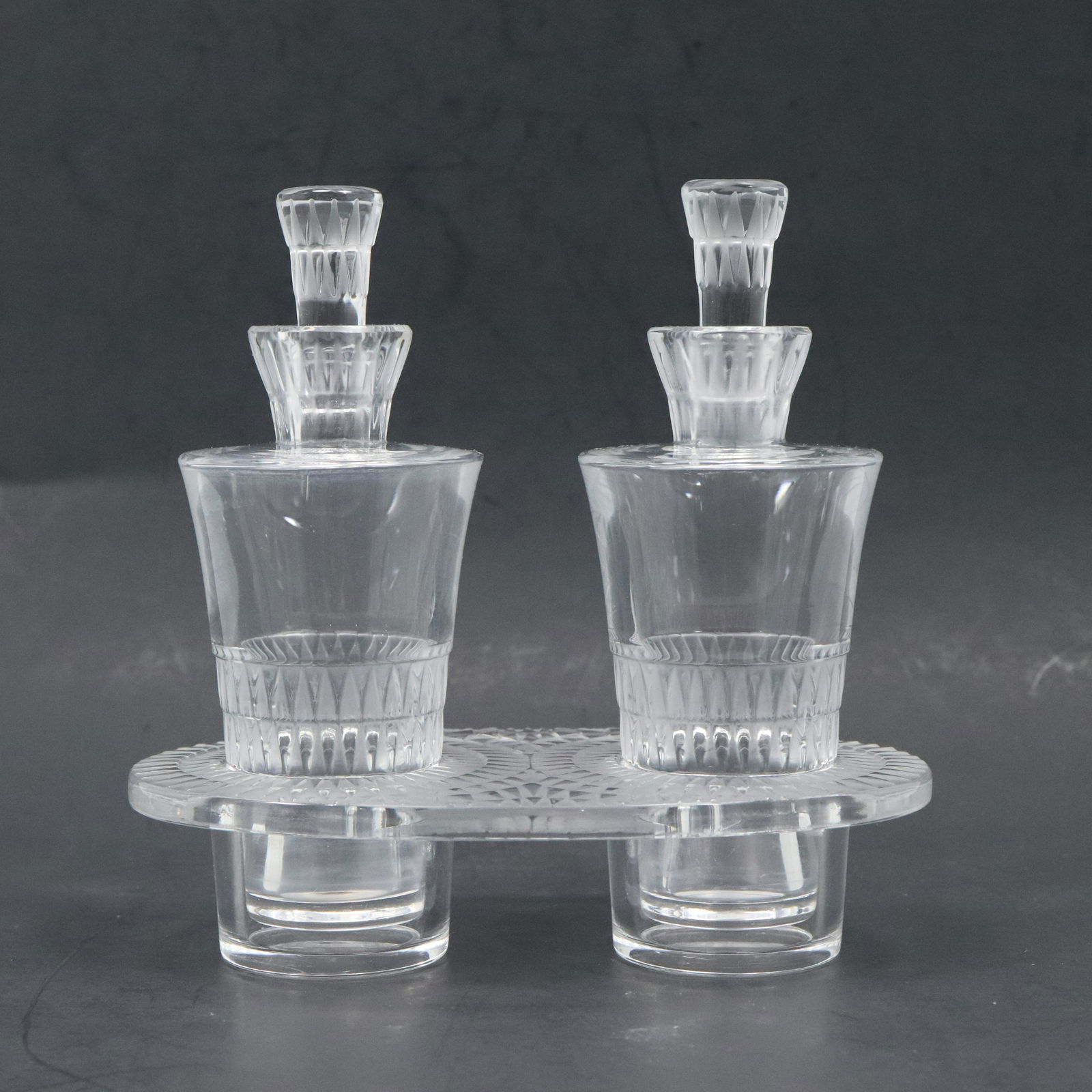 Signed LALIQUE France Double Perfume Bottles in Holder (1 of 9)