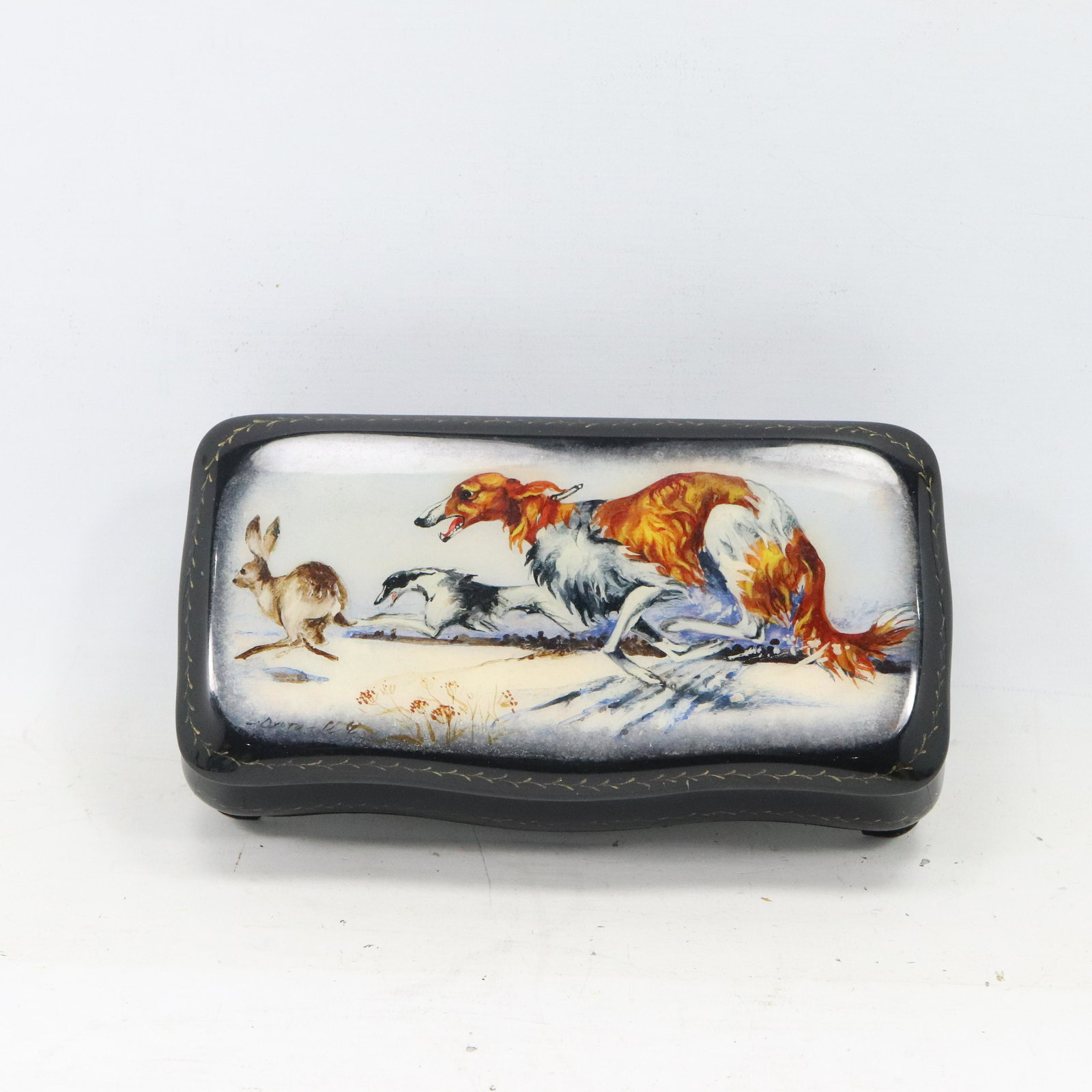 RUSSIAN Lacquered Box Artist Signed Dogs Chasing Rabbit (1 of 8)