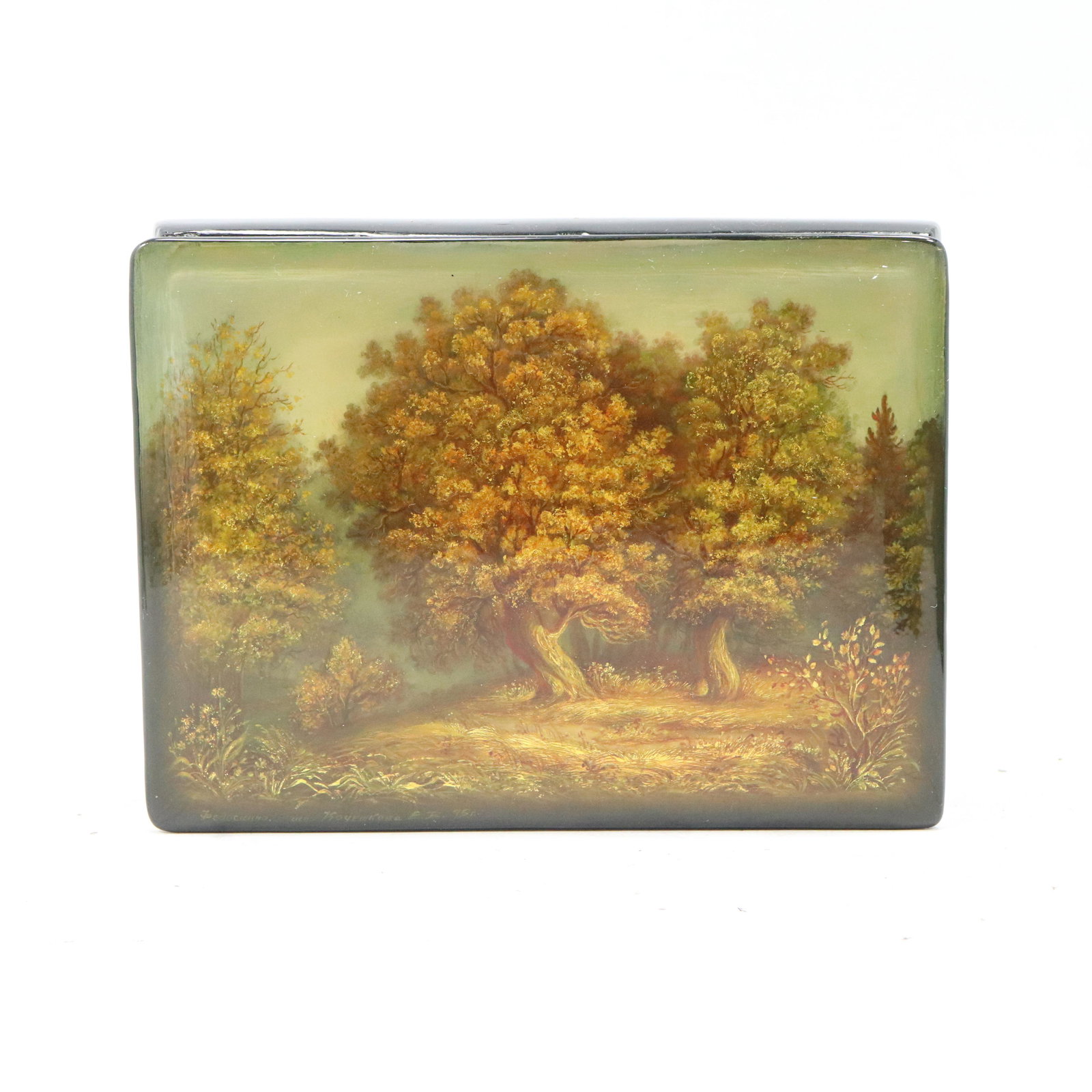 RUSSIAN Lacquered Box Artist Signed Trees Landscape Top (1 of 8)