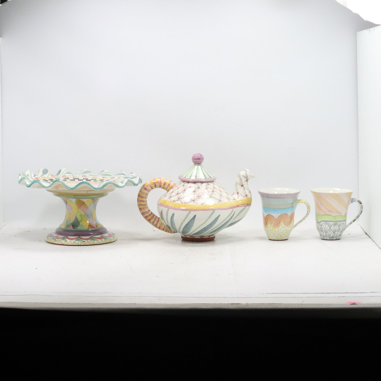 Decorated Redware Pottery Compote, Teapot, 2 Mugs (1 of 20)