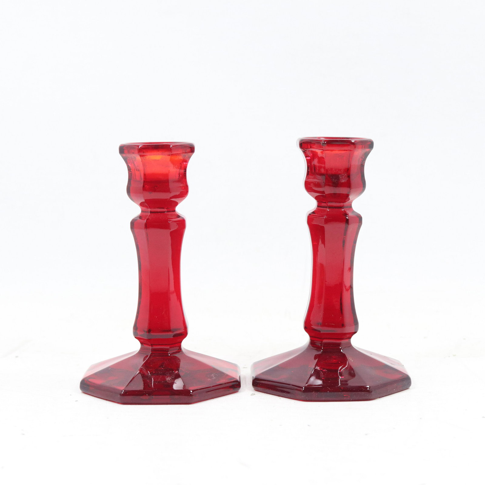 Pair Ruby Red Glass Candlesticks (1 of 7)