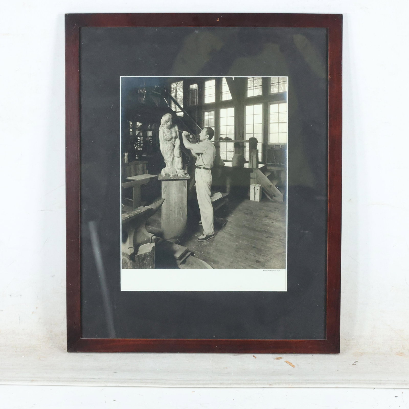 Harvey Fite Sculptor at Work Photograph, Tom Leonard NY: Harvey Fite Sculptor at Work Photograph, Tom Leonard NY. size: 13.5 x 10.5 matte, 21.5 x 17.5 outside frame