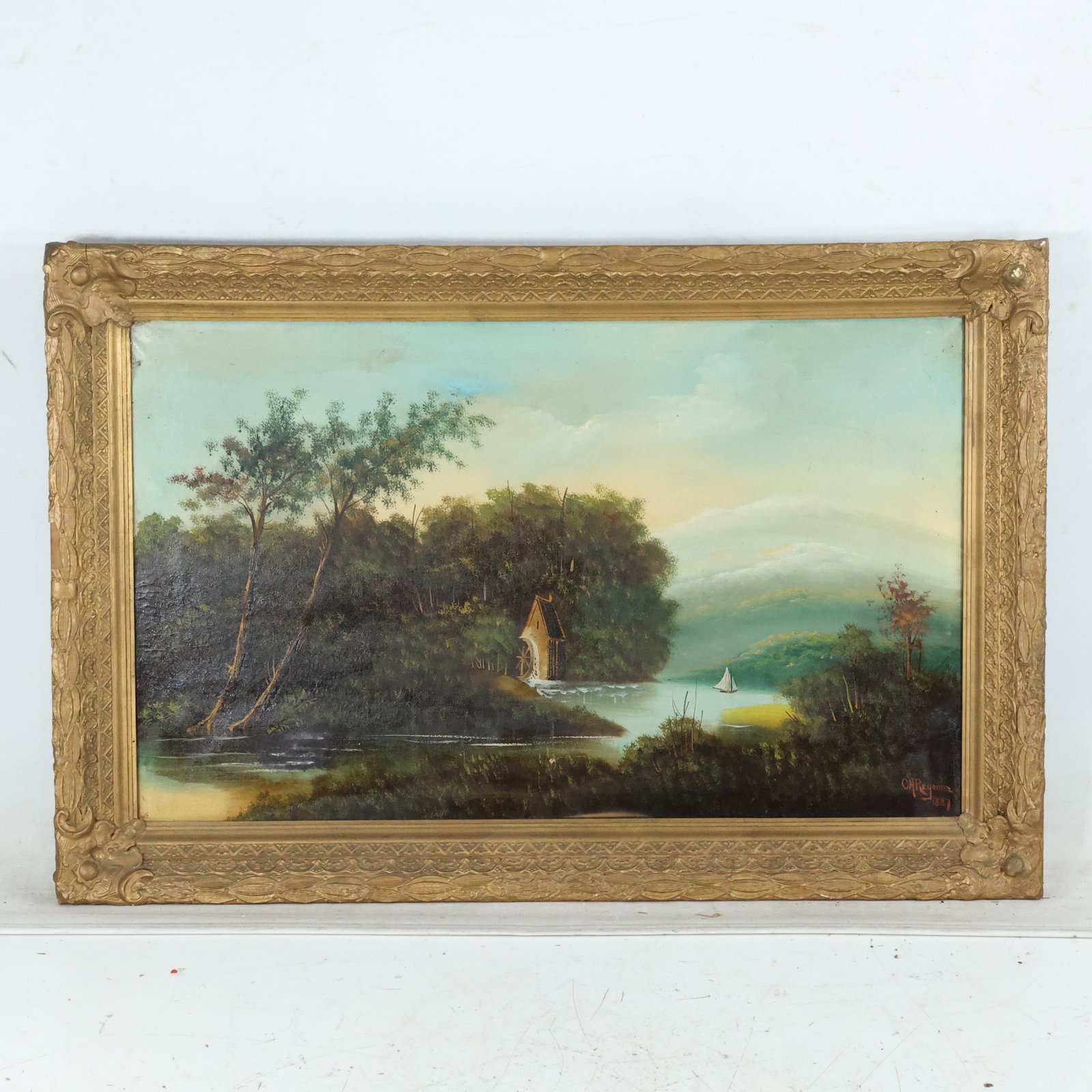 19th C. Oil Painting C H Reyonne 1887 Gristmill on Lake: 19th C. Oil Painting C H Reyonne 1887 Gristmill on Lake with sail boat. Oil on Canvas Painting, Signed and dated. Framed. size: 22 x 36, 28 x 42 outside frame