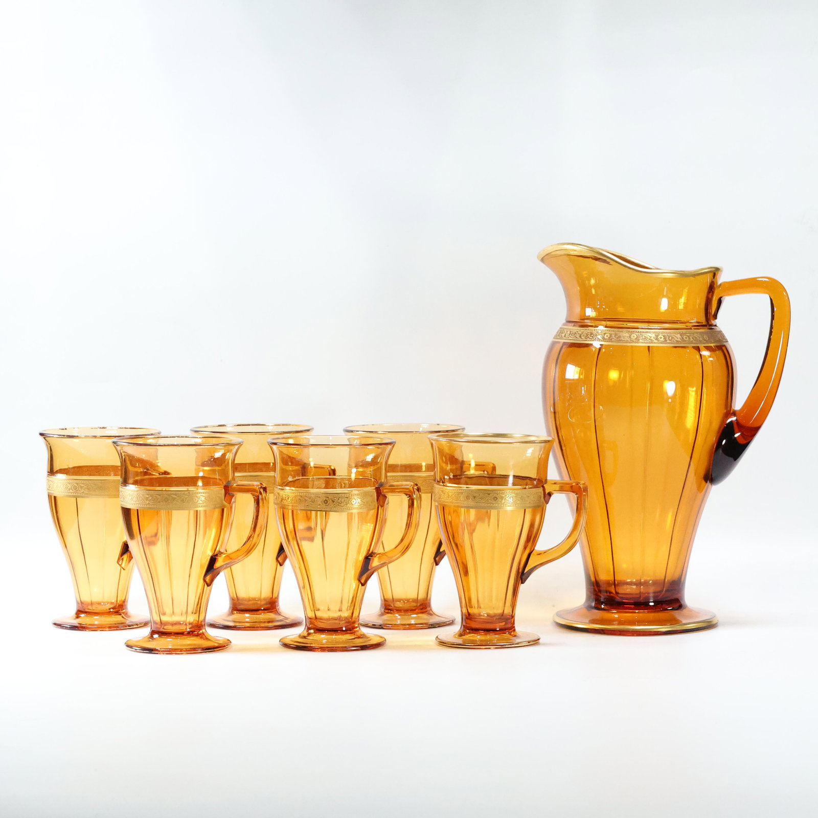 Elegant Cambridge Glass Amber Pitcher, 6 Amber Tumblers (1 of 14)