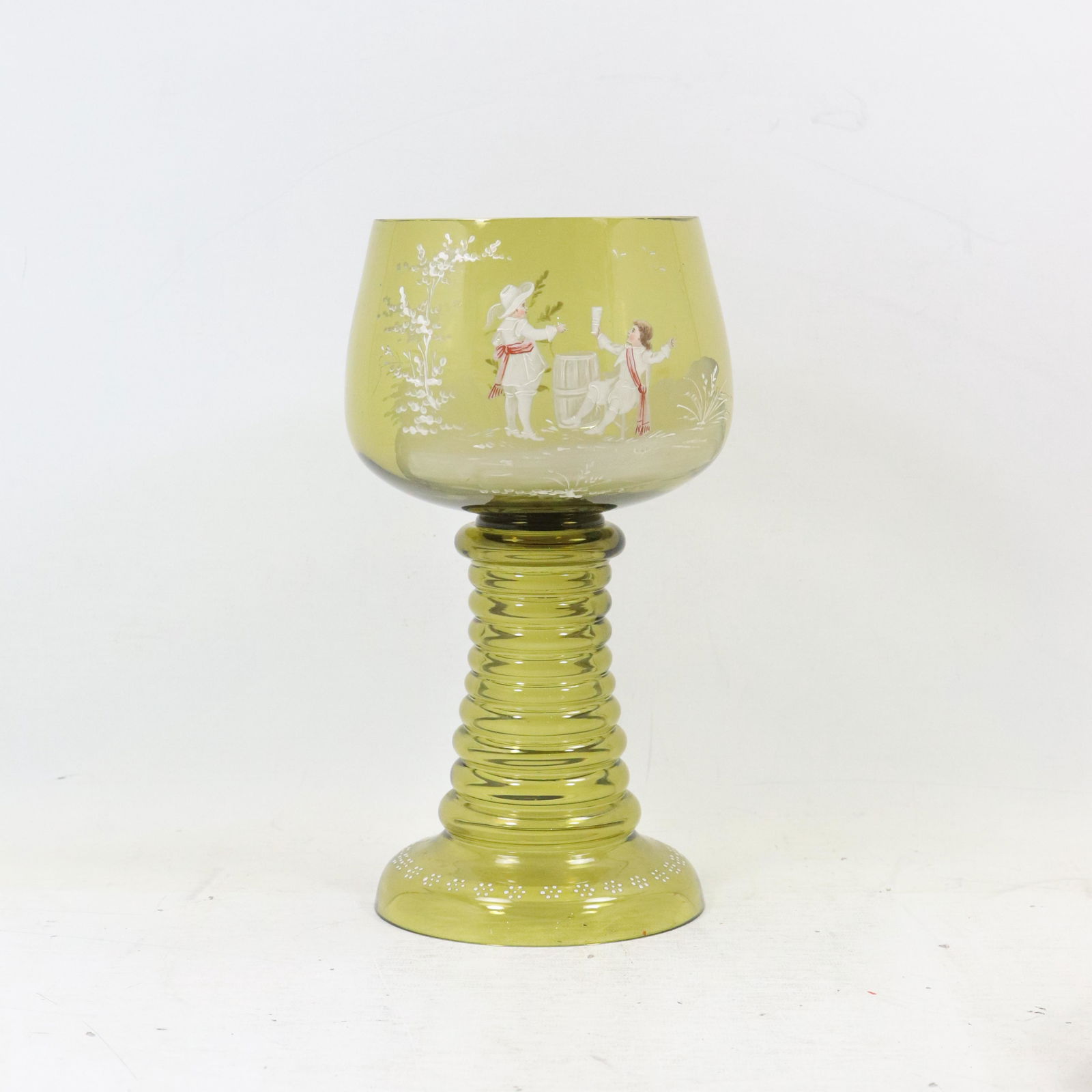 Large 11 in. tall Mary Gregory Green Glass Chalice: Large 11 in. tall Mary Gregory Green Glass Chalice. size: 11h 5.5w