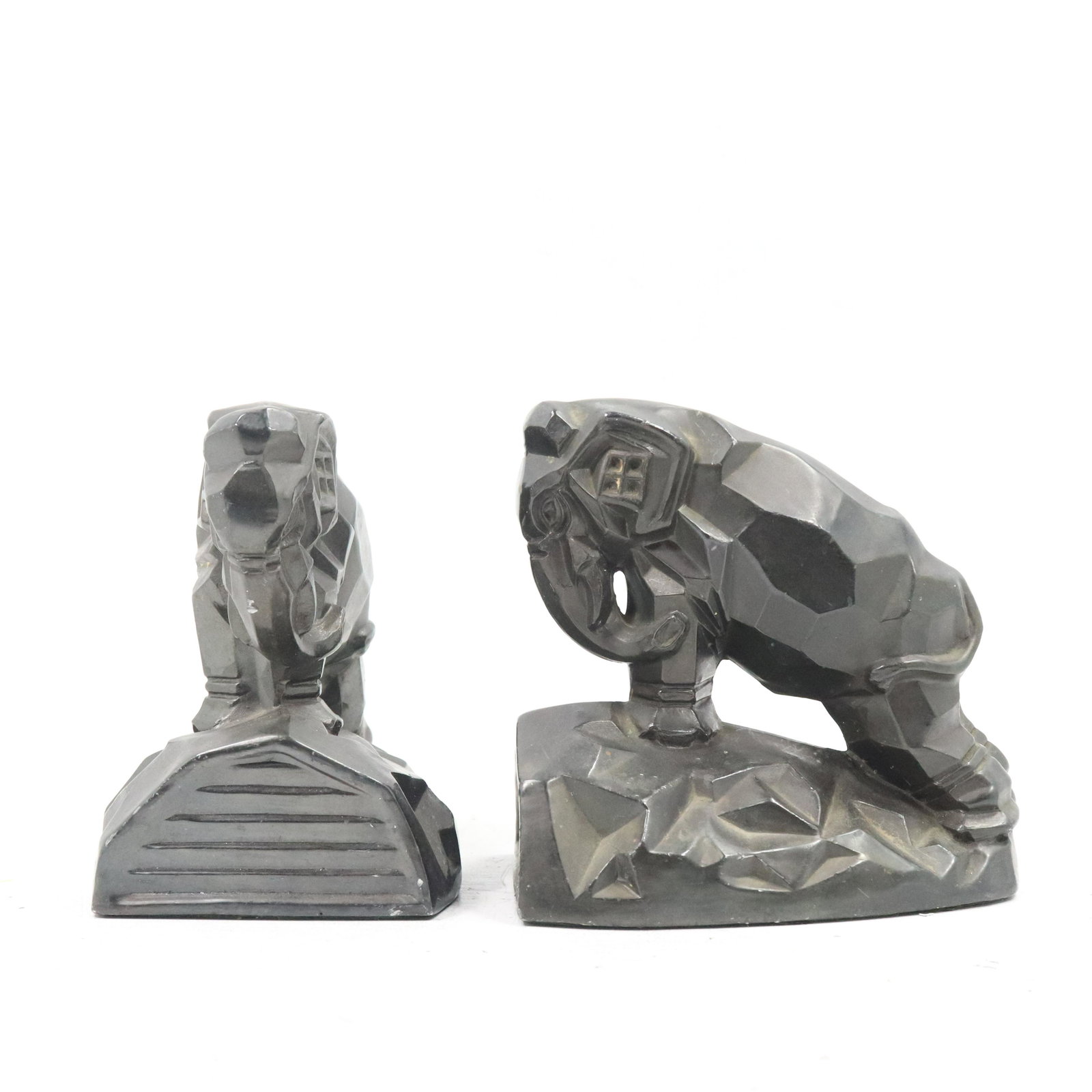 [2] Vintage Cast Metal Cubism Elephant Figure Bookends: [2] Vintage Cast Metal Cubism Elephant Figure Bookends. Original patina finish. size: 5.25h 5.75w