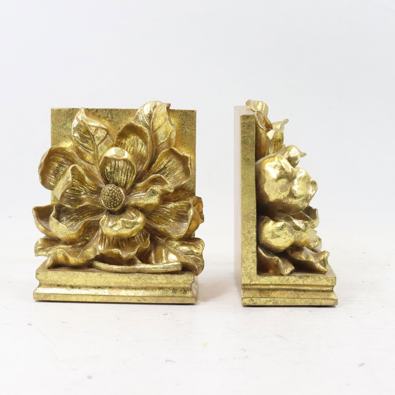 Gold Gilt Finish Flower Bookends in Hard Composition (1 of 8)