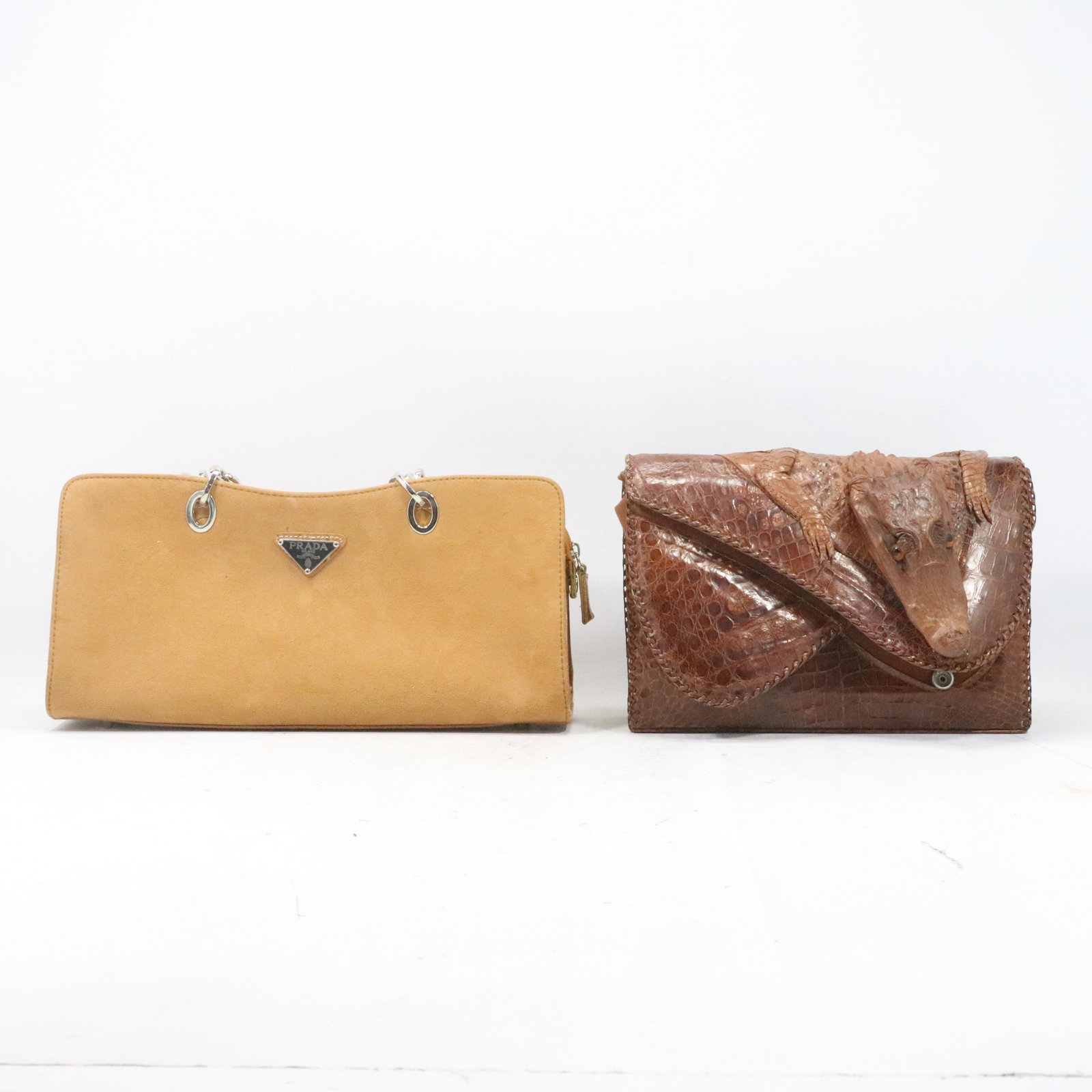 PRADA Hand Bag & Alligator Body with Head Hand Bag: PRADA Hand Bag & Alligator Body with Head Hand Bag. size: prada 7h 13.5w allagator 7.5h 11w