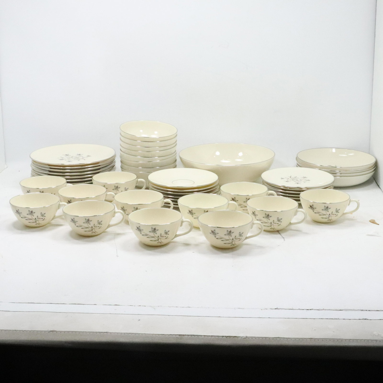 47 Pieces LENOX Fine Porcelain "PRINCESS" Dinnerware: 47 Pieces LENOX Fine Porcelain "PRINCESS" Dinnerware. size: x13 smll plates .5h 6.25w x9 med plates .75h 8w x8 bowls 2h 5.25w x4 med bowls 1.5h 7.5w big bowl 3h 9w x12 mugs 2h 4.75w