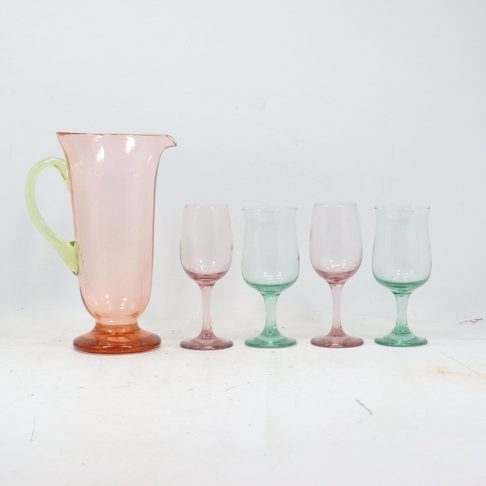Pink Glass Lemonade Pitcher & 4 Color Glass Stemware (1 of 12)