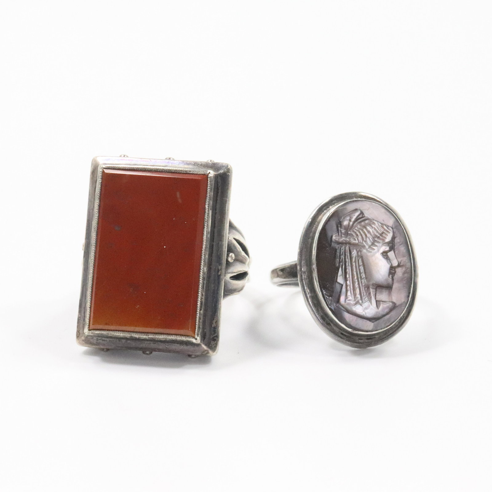 2 Rings: 1920s Silver Cabochon & .800 Hematite Cameo: 2 Rings: 1920s Silver Cabochon Size 6, 7/8 in. x 7/8 in. & .800 Hematite Cameo Size 4.5, 5/8 in. x 3/4 in.
